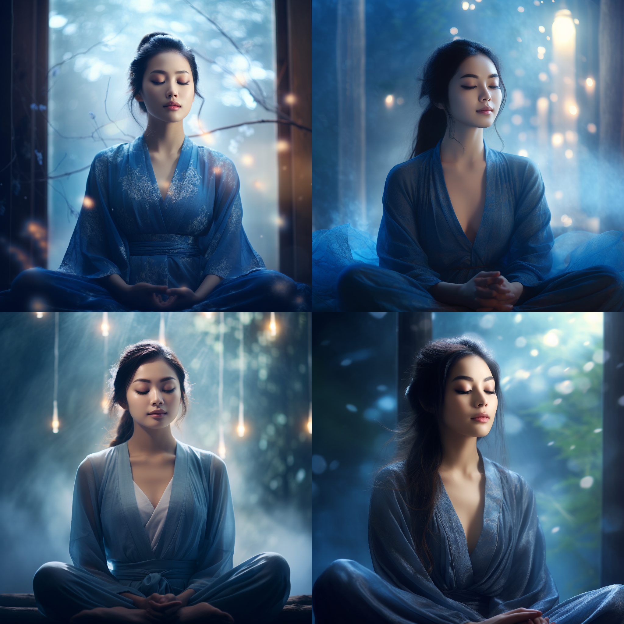 亚洲美女冥想，环绕神秘光芒，柔和光照，远景构图，自然风景，长焦镜头，静态，蓝色调，宁静。