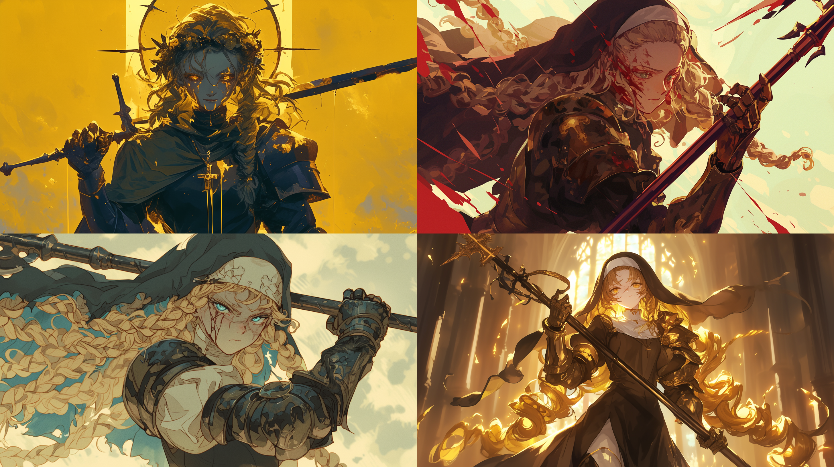 手持长矛，身穿盔甲的战斗修女，人物全身，金色卷发辫，脸上伤痕累累