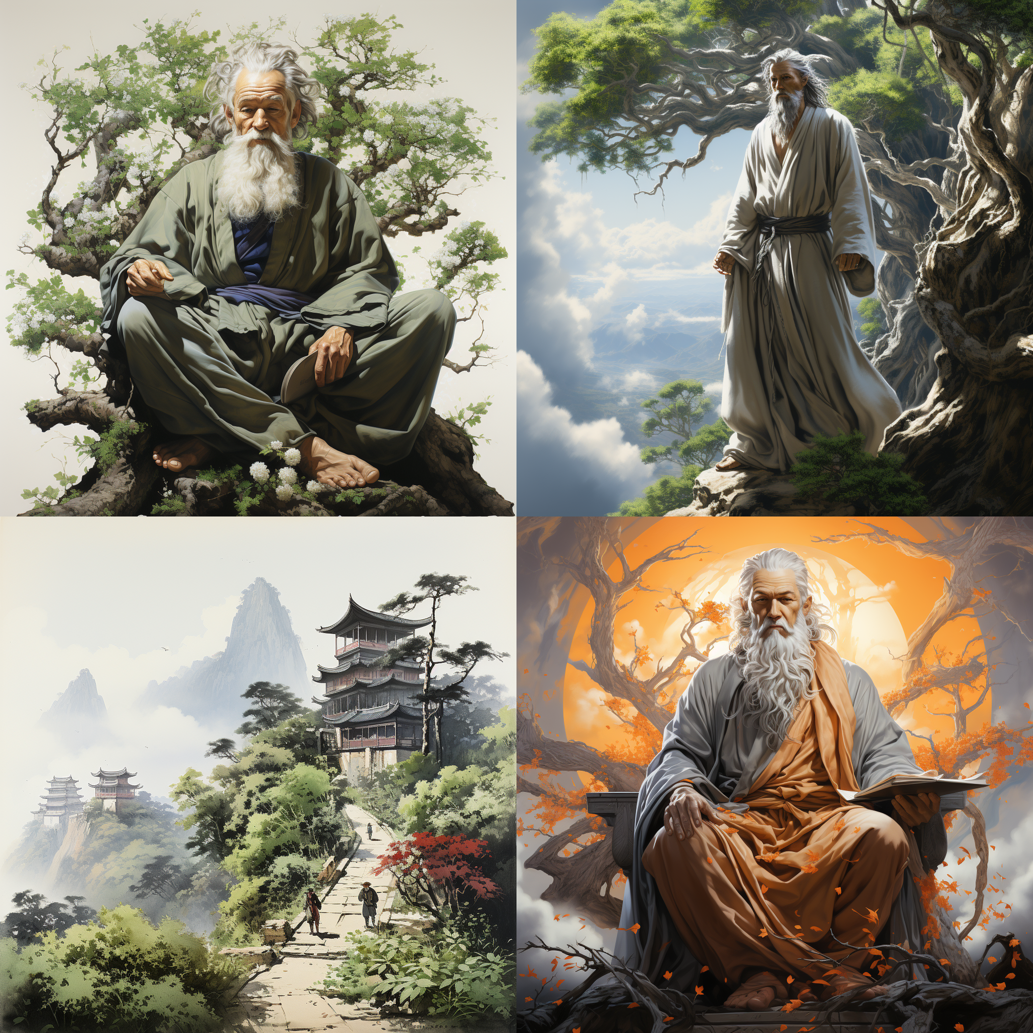 古風經典，老子衣裝飄逸，白發飛揚，手牽青牛，身駝萬卷書，飄渺山巒疊翠，行走在蒼柏古道，上有天宮玉宇，白鶴翱翔。 古風，山水畫風，遠景，長焦鏡頭，自然光，靜止，大氣色調，莊嚴，悠遠，智慧。