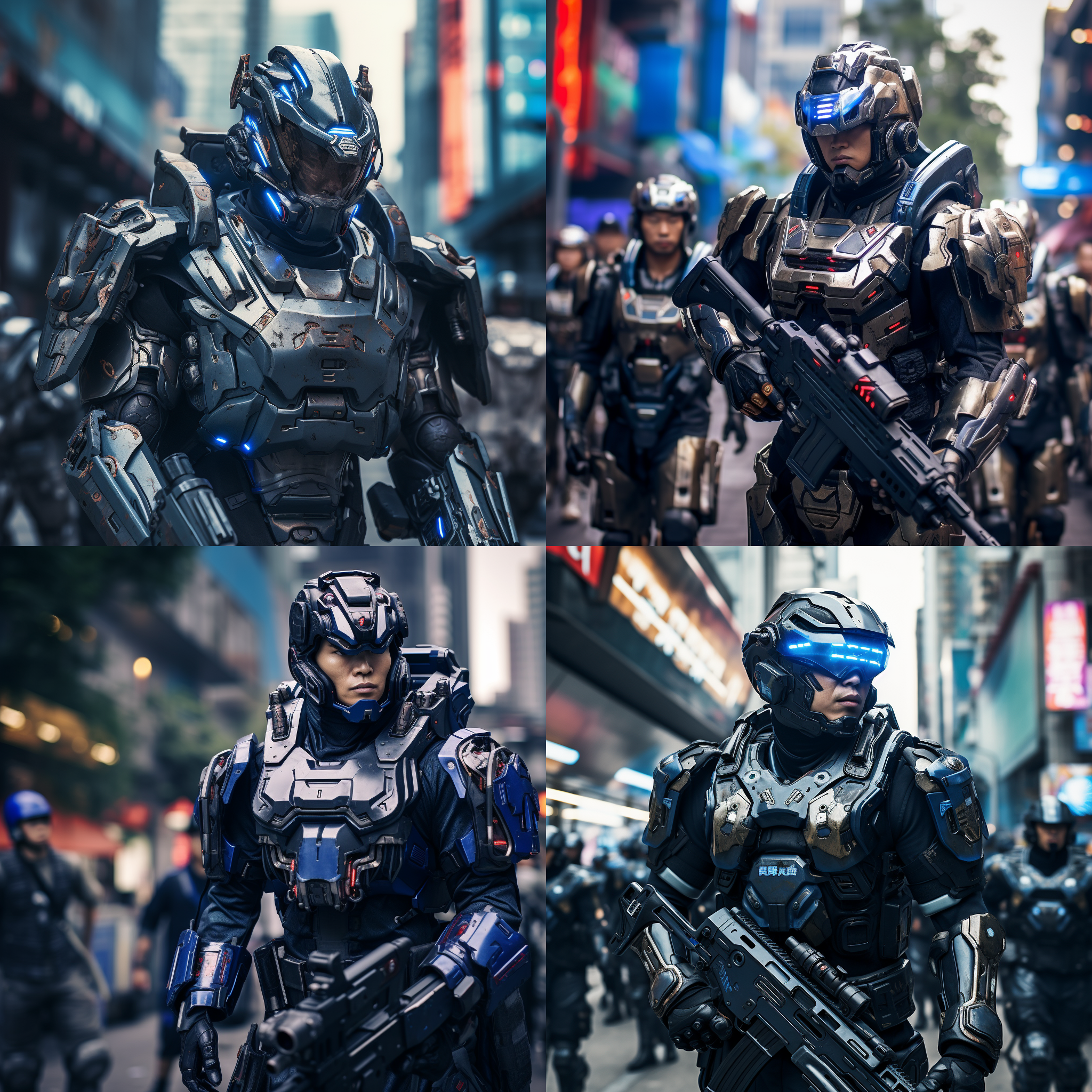 中国军人穿机甲，坚毅目光，城市背景，科幻风格，全身装甲，金属质感，侧光，蓝色调，中焦镜头，挺拔站立，决断。