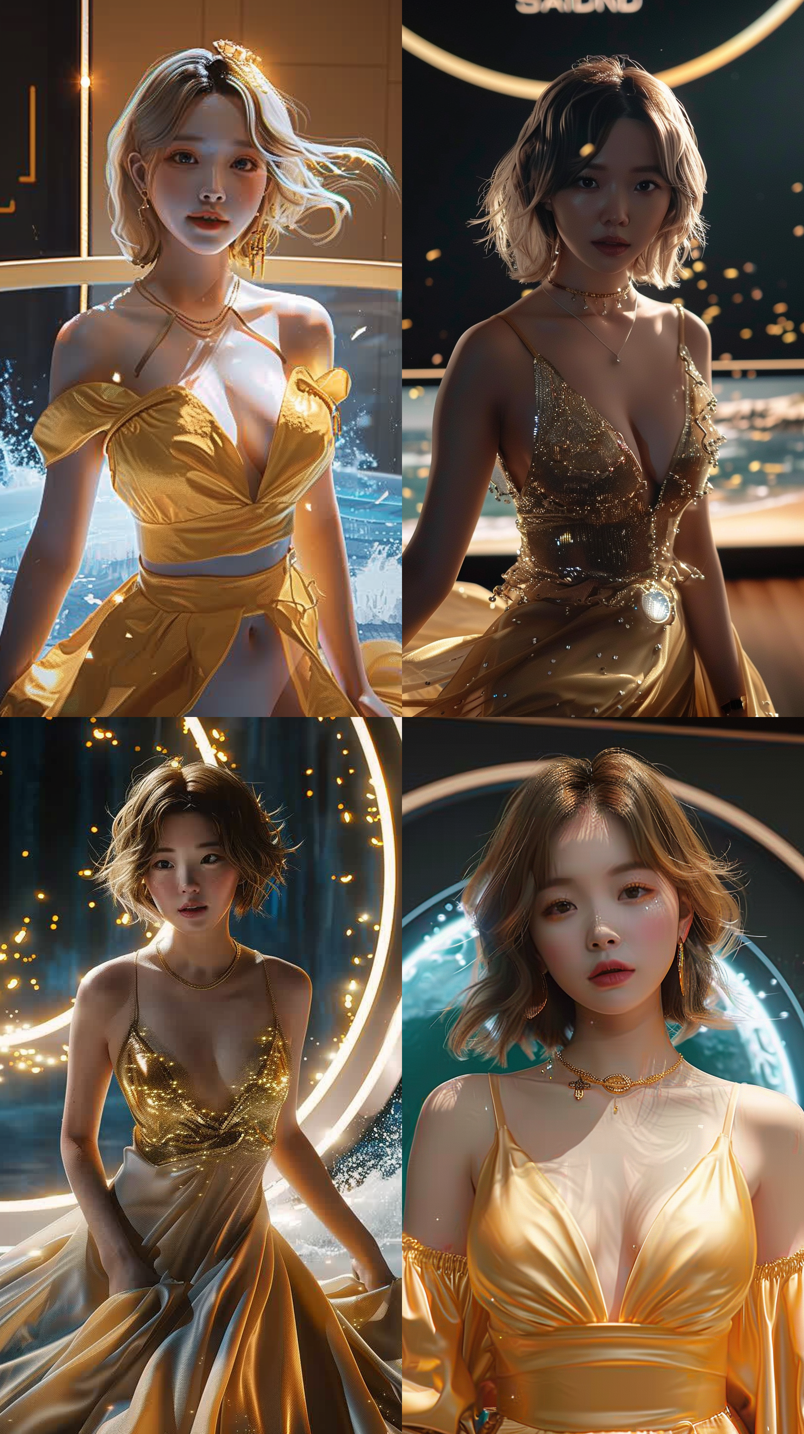 在一个阳光明媚的海滩上，一个年轻漂亮的美女身穿金色的衣服，站在沙滩上。她微笑着，阳光洒在她的脸上，形成了一道柔和的光晕。背景是碧蓝的大海和细软的沙滩，构成了一幅迷人的画面。金色衣服，阳光，海滩，微笑，光晕，碧蓝海水，柔和。