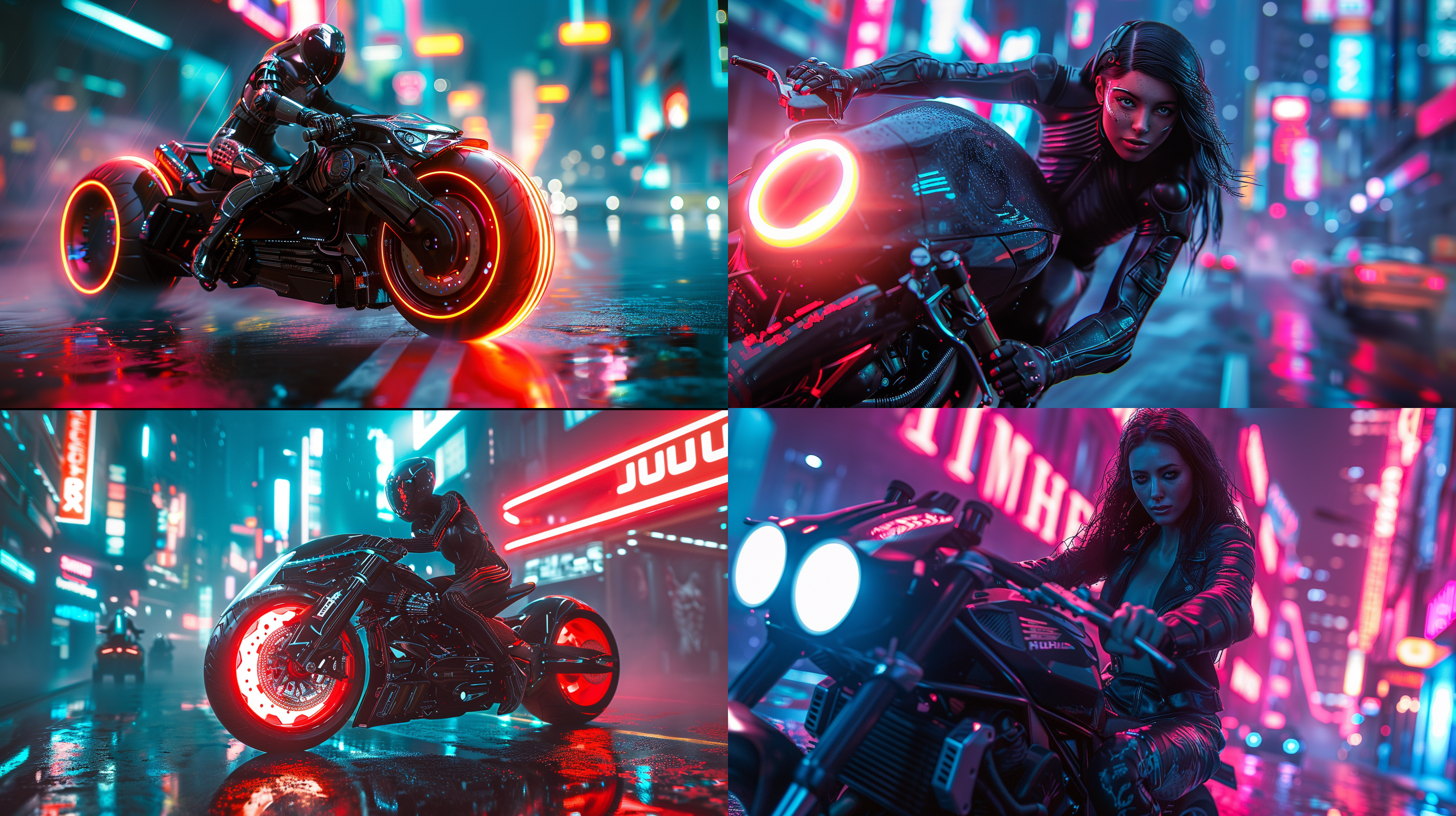 半机械美女骑机车，未来都市，赛博朋克，写实，唯美，细节丰富，质感强烈，8k画质，长焦镜头，城市背景，动感色彩，霓虹灯光，表情坚定，时尚。