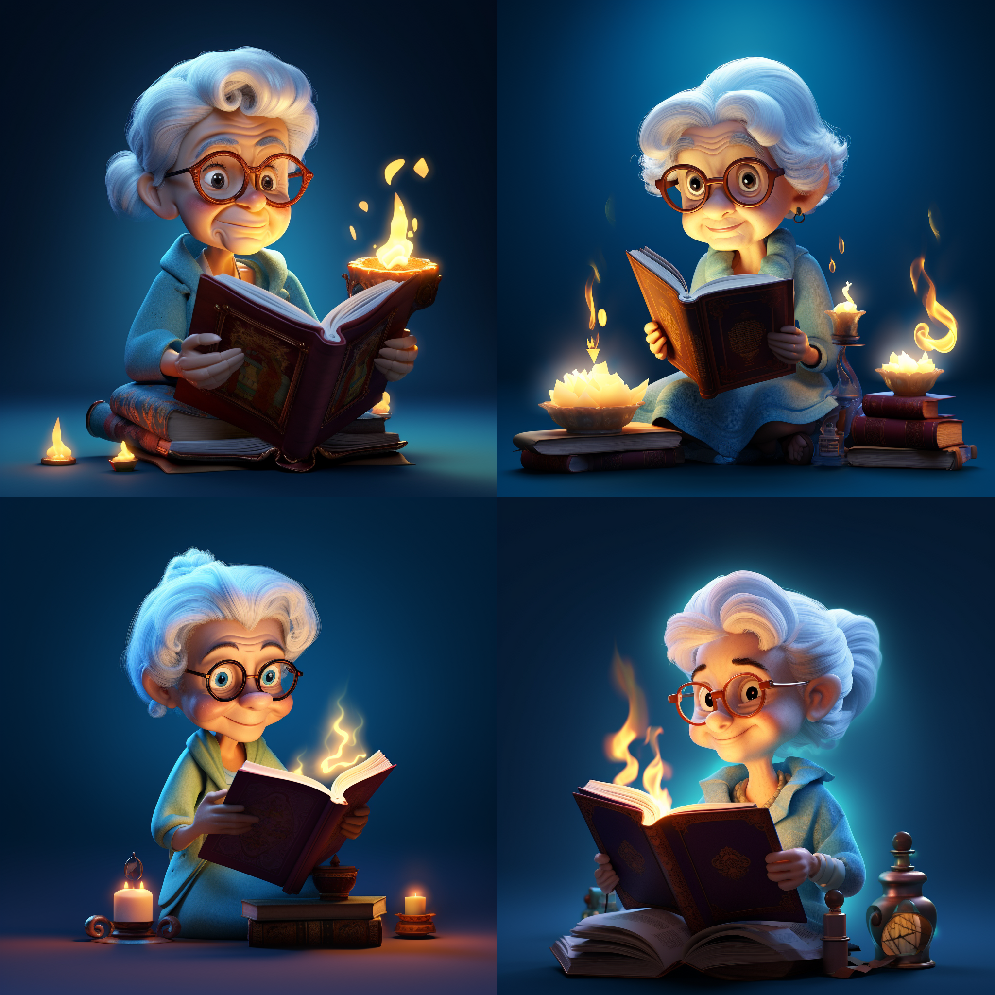 一位老婆婆 白发苍苍 带着老花镜，手里拿着书，坐在油灯下看书 蓝色背景纯色 卡通 3d形象 明亮