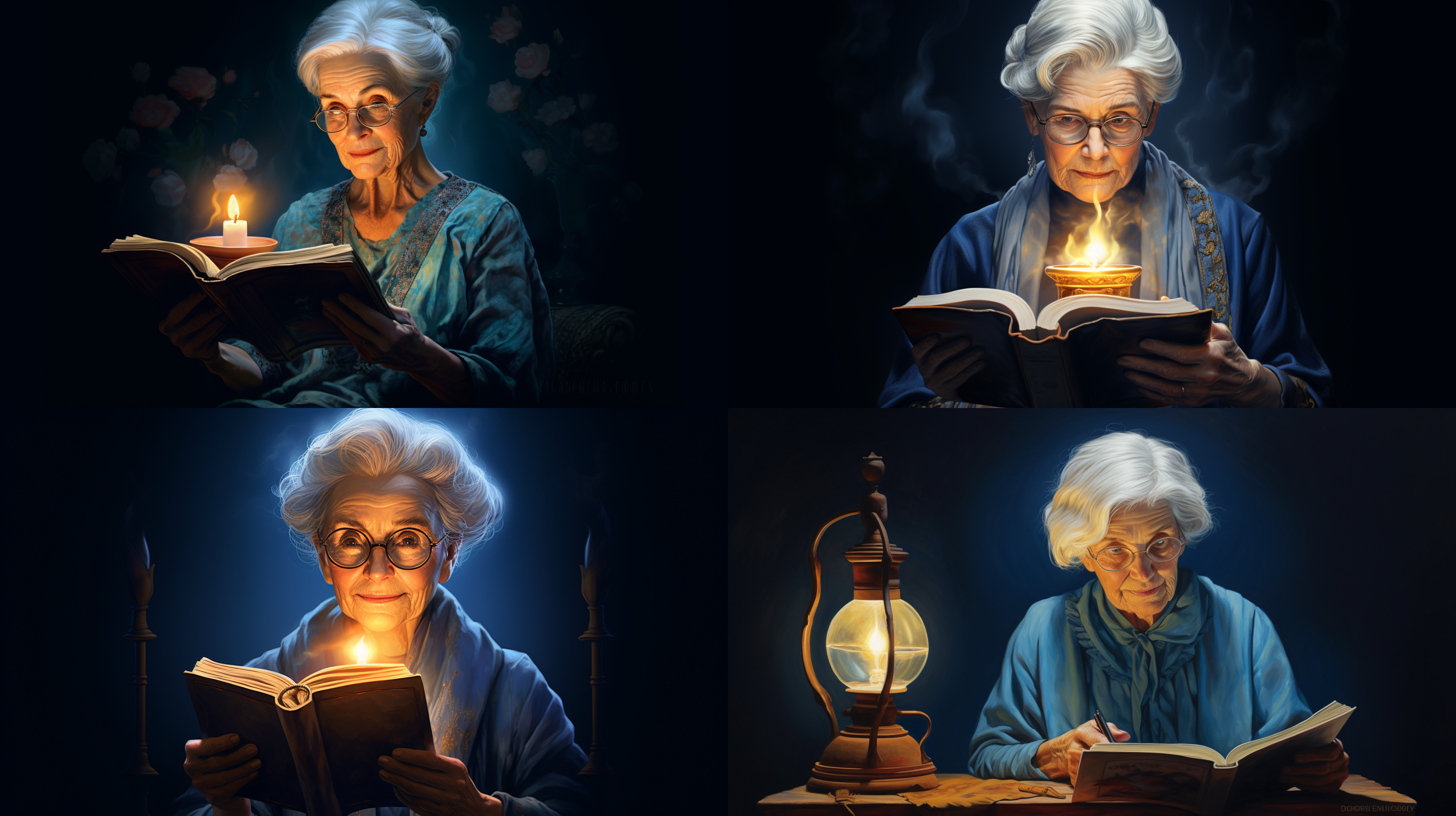 一位老婆婆 白发苍苍 带着老花镜，手里拿着书，坐在油灯下看书 蓝色背景纯色 写实 明亮