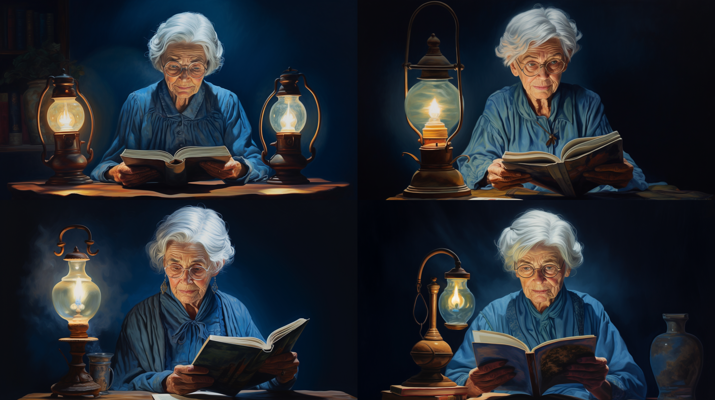 一位老婆婆 白发苍苍 带着老花镜，手里拿着书，坐在油灯下看书 蓝色背景纯色 写实 明亮