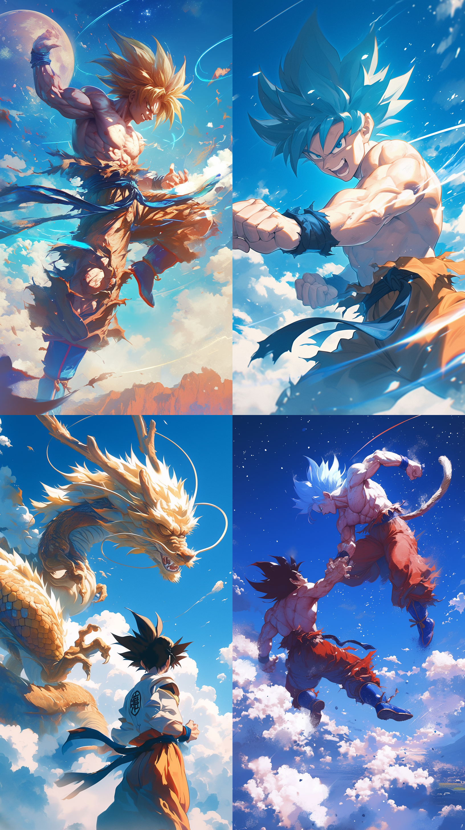 七龙珠动漫，超级赛亚人，孙悟空，做着战斗的动作，超清晰外观设计，超完美细节把控，超完美画质，梦幻云雾细节，梦幻星空背景，苹果壁纸，32k