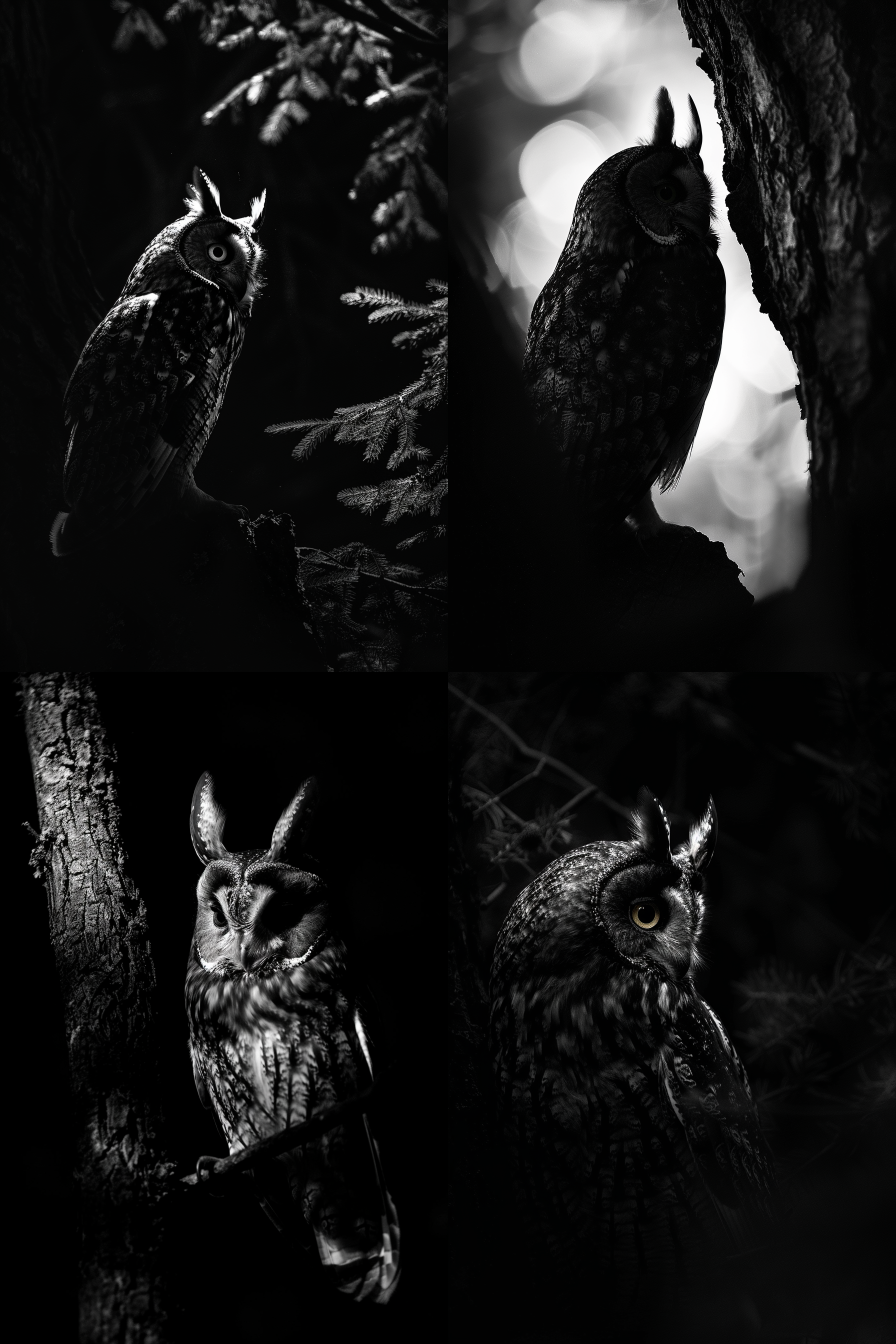 长耳猫头鹰在安静的夜晚成为神秘守护者，栖息在树林中。暗调下，长焦镜头捕捉到它注视的神秘眼神，逆光下的轮廓若隐若现，自然元素环绕，黑色色调增添神秘感。 摄影纪实 洞穴