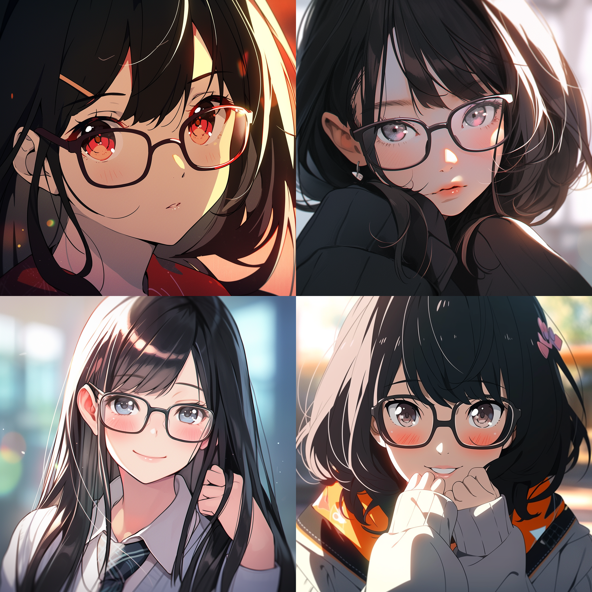 一个可爱活泼的黑发高中女生，戴着黑框眼镜，动画风格，柔和光线，图片长宽比3:4，原创风格。