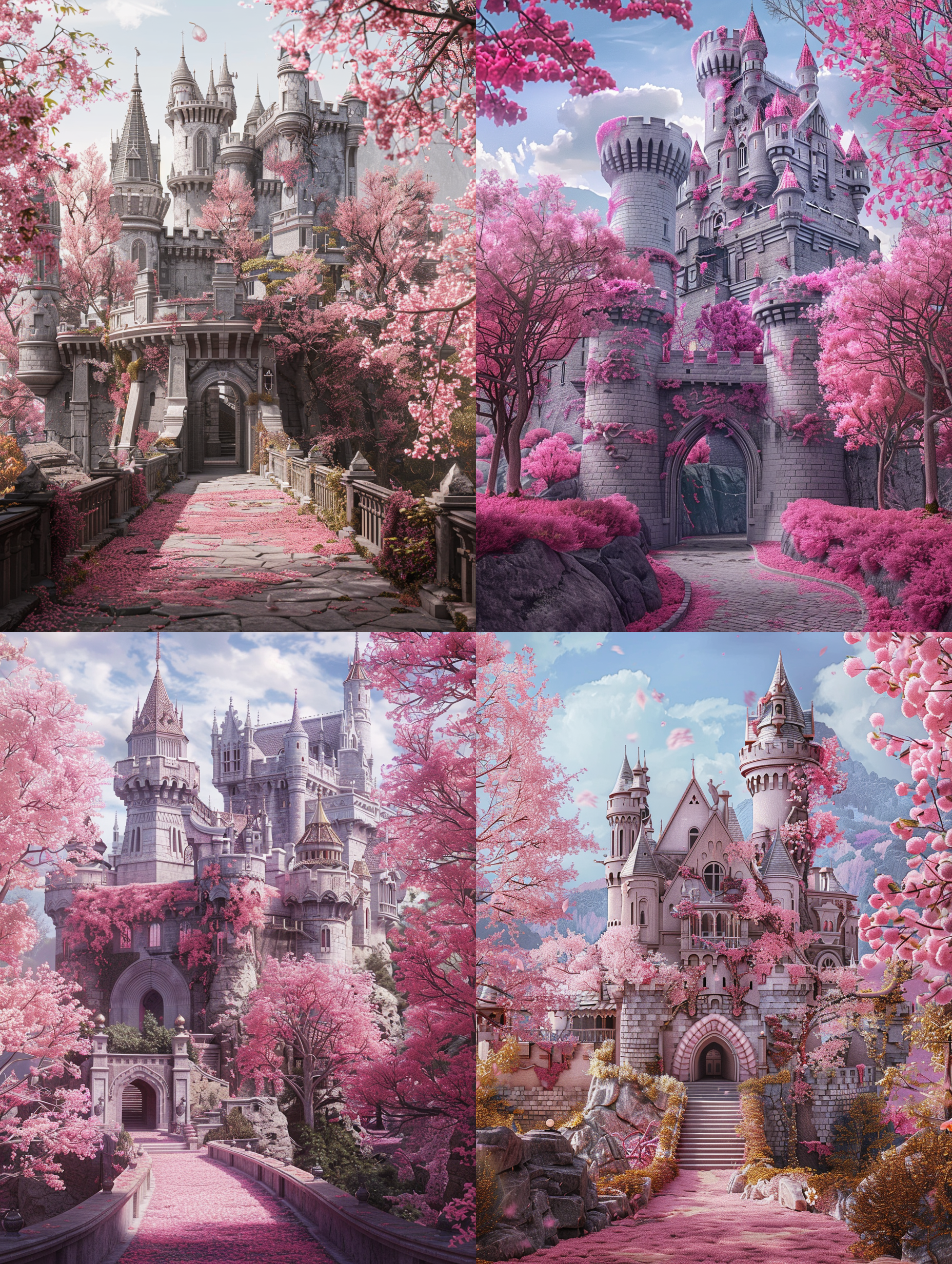一座城堡，前面有很多粉红色的树，有一条通往城堡的走道和一条通往入口的走道，虚幻的引擎，一幅详细的哑光画，阿德里安·津格，魔幻现实主义