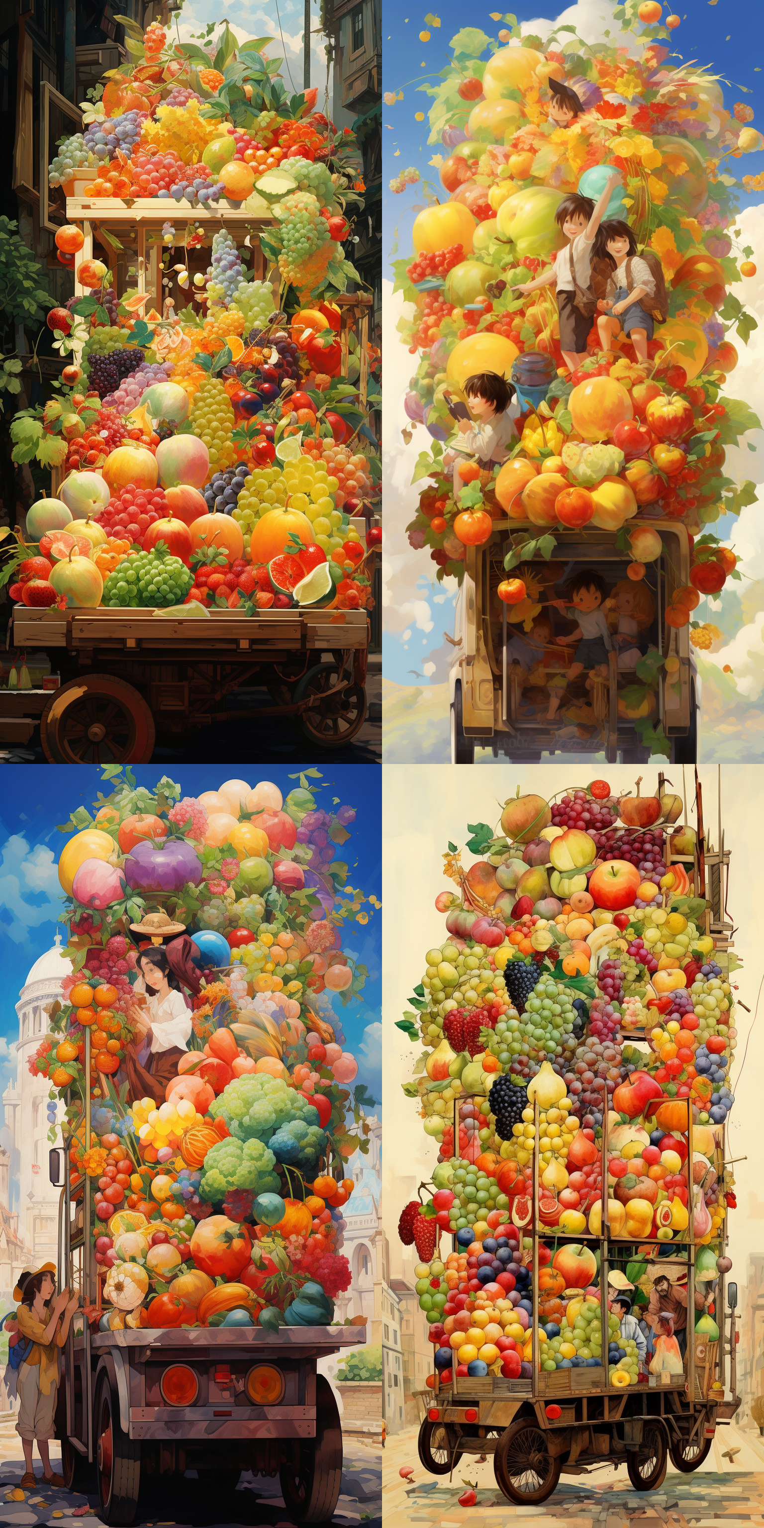 一个满载水果的卡车即将出发，几个年轻人在忙着把一筐筐的水果搬上车明亮，点缀，花瓣，通透感， 动画艺术 吉卜力 抽象表现主义 明亮的
