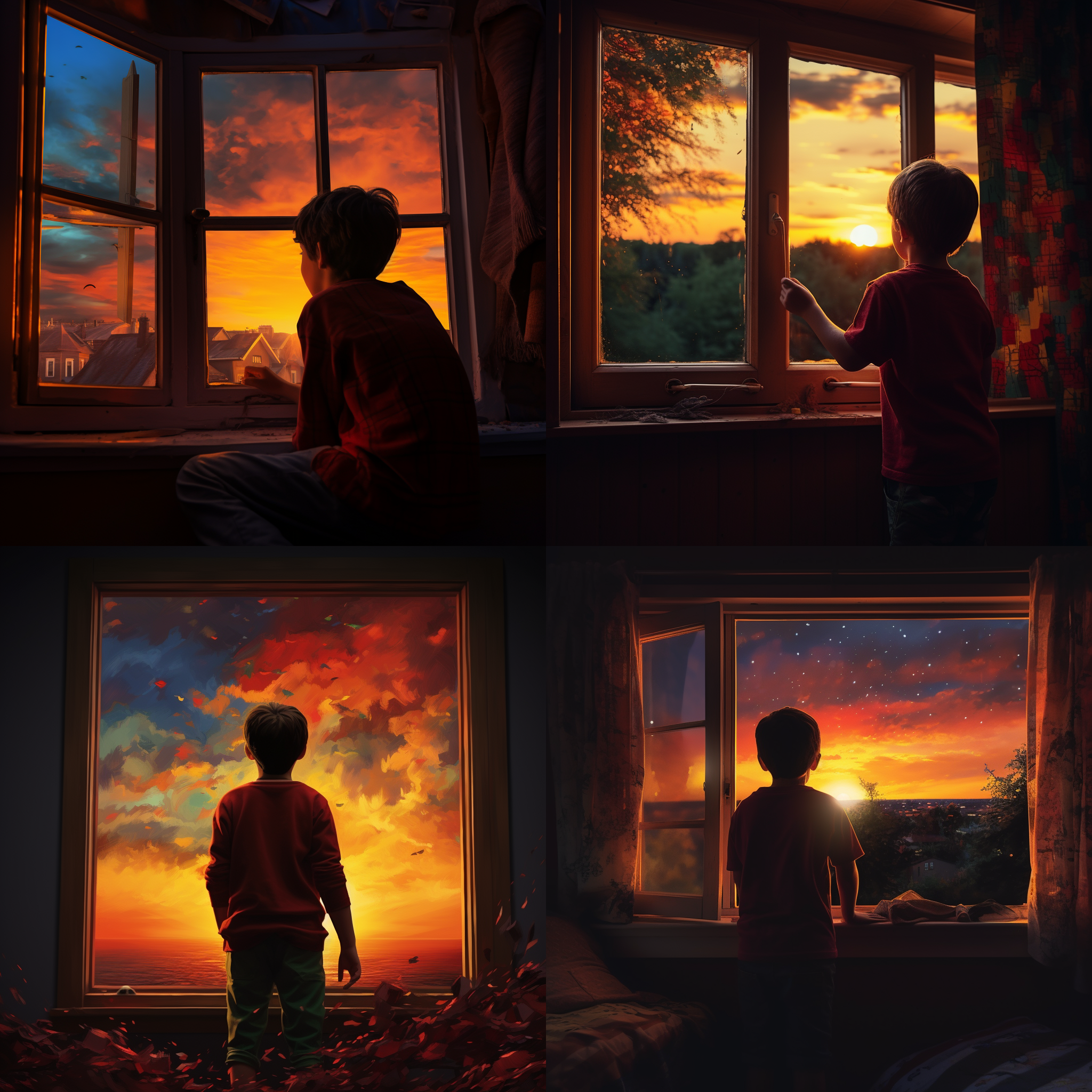 少年透过窗户，五彩落日，温暖色调，窗外景色，中景构图，侧光，抽象主题，窗框前景，静态。