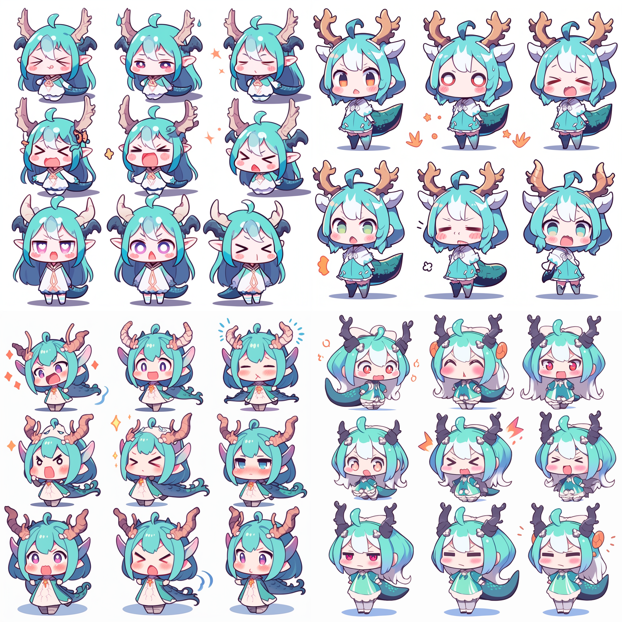 一个可爱的qversion卡通小女孩形象，穿着有龙角龙尾，全身，表情包，独立的ui设计应用图标u界面新，情感，可爱，活泼，害羞，多种姿势和表情的多功能模拟- ar