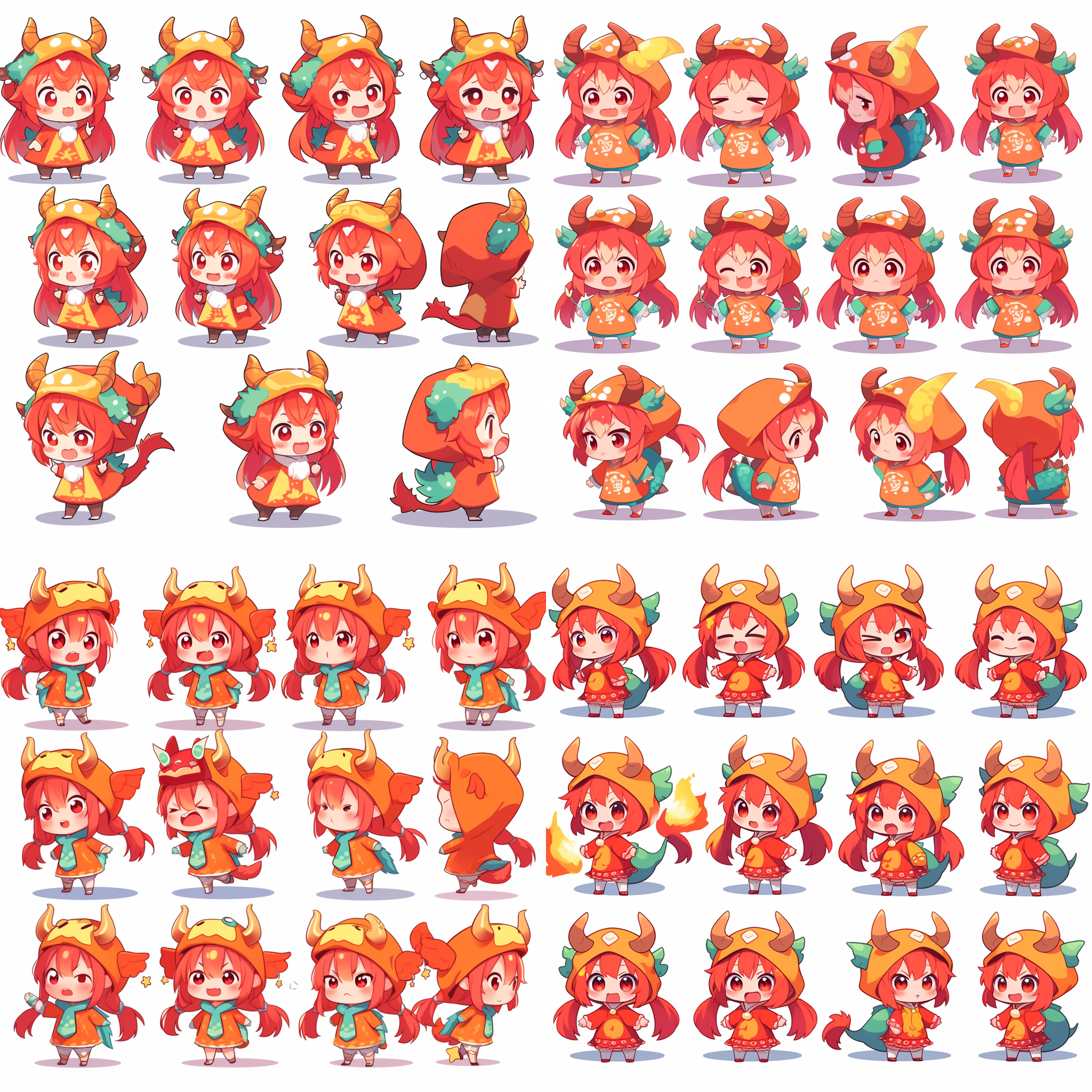 一个可爱的qversion卡通小女孩形象，穿着有龙角龙尾，全身，表情包，独立的ui设计应用图标u界面新，情感，可爱，活泼，害羞，多种姿势和表情的多功能模拟- ar