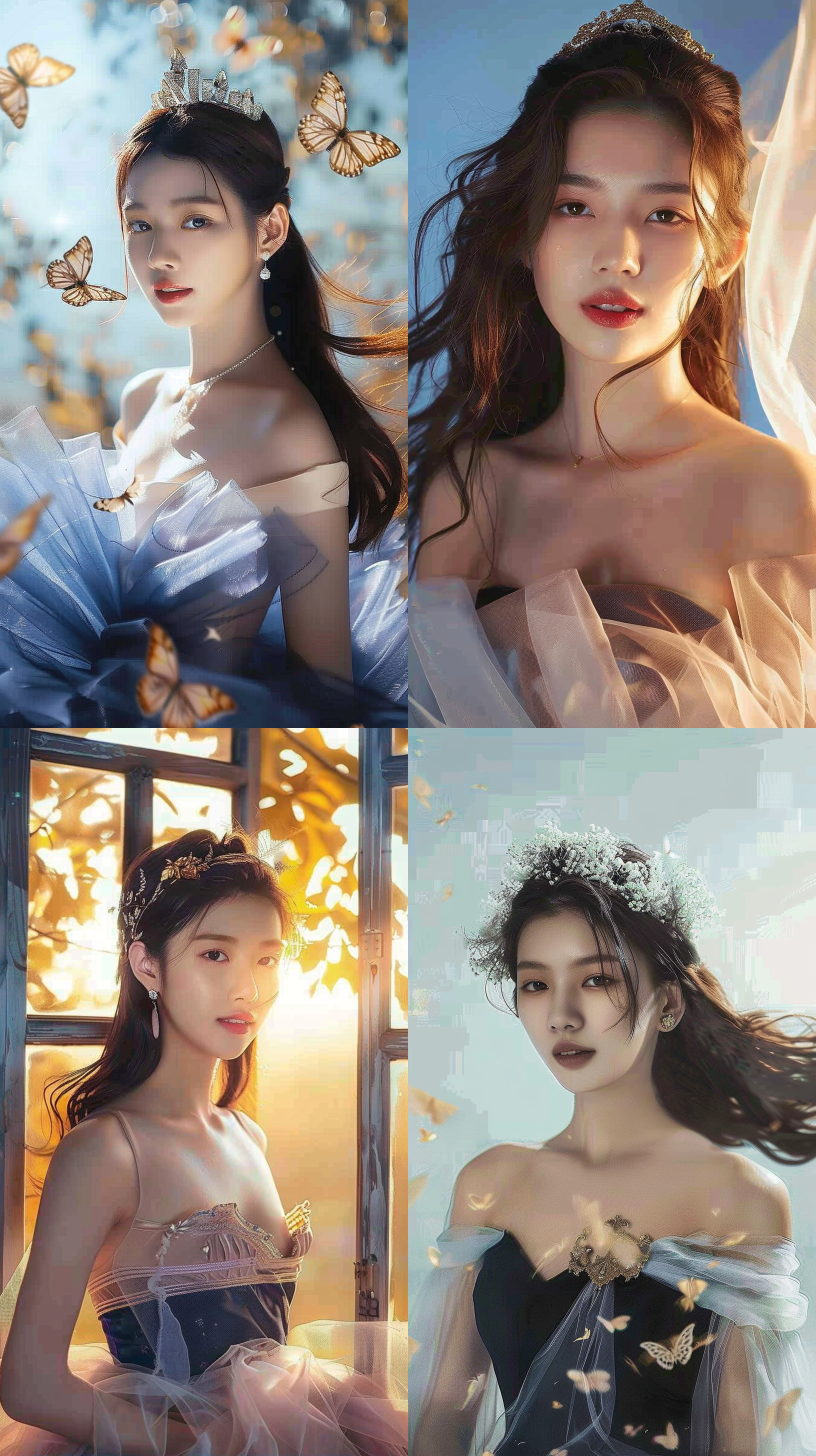 女孩海边散步，飘逸轻盈，白纱裙，微风吹拂，长发飘起，破损的草帽，艺术感，破洞，太阳，祥云，环境风光，长焦镜头，金色日落，背影，温暖情绪。 风光摄影，背光，柔和光线，优雅姿态，抓拍，自然色调，梦幻，优美构图。