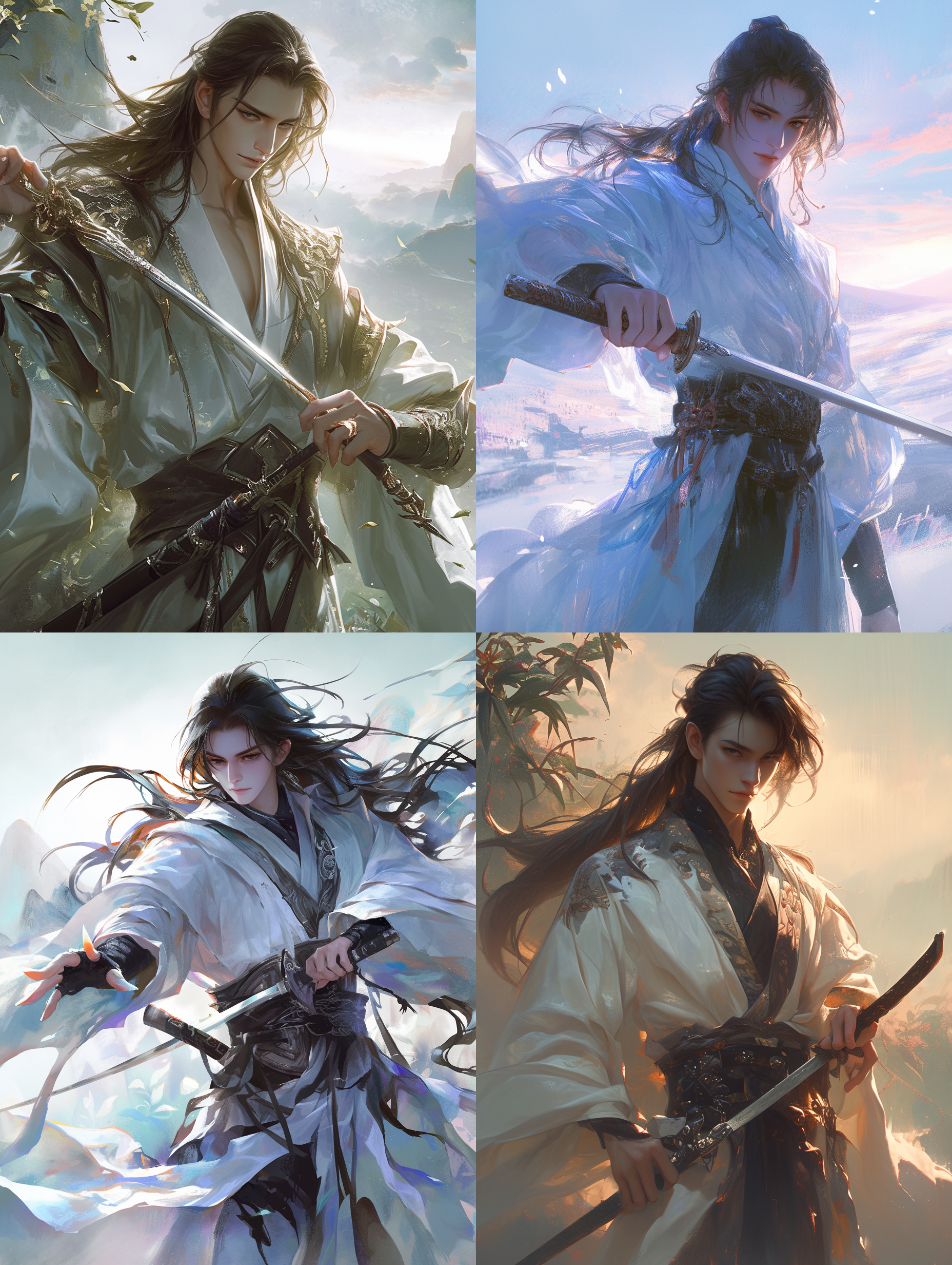 中国风长发帅哥，全身像，黑色眼睛，白色衣服，双手握着剑，传统服饰，仙气飘飘，君子如玉。远山青翠，云雾缭绕，朦胧效果，暖色调，柔和光线，自然动作，自信微笑，带点水墨风，阳光透过树叶洒下，唤起喜悦与豪情，8k，超高清， 