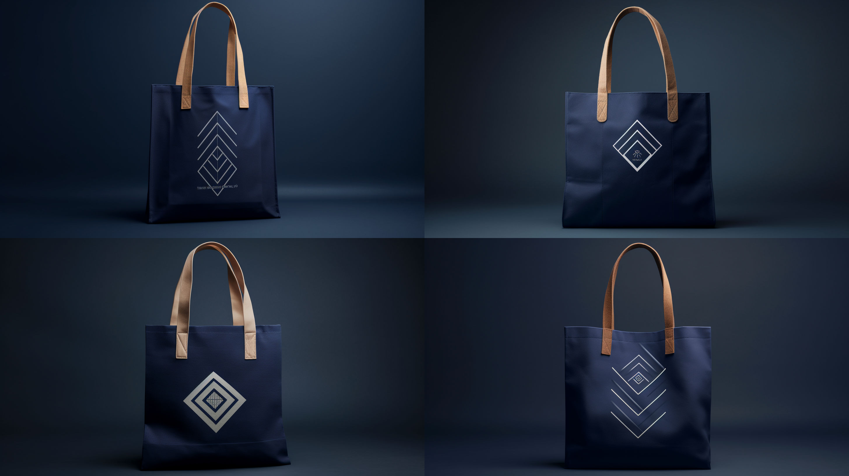 设计一个帆布袋，深蓝背景搭配白色线条和几何形状，简约而优雅。轻微的布纹质感增添自然感，使用清晰字体展示品牌标识，确保整体平衡与对称。