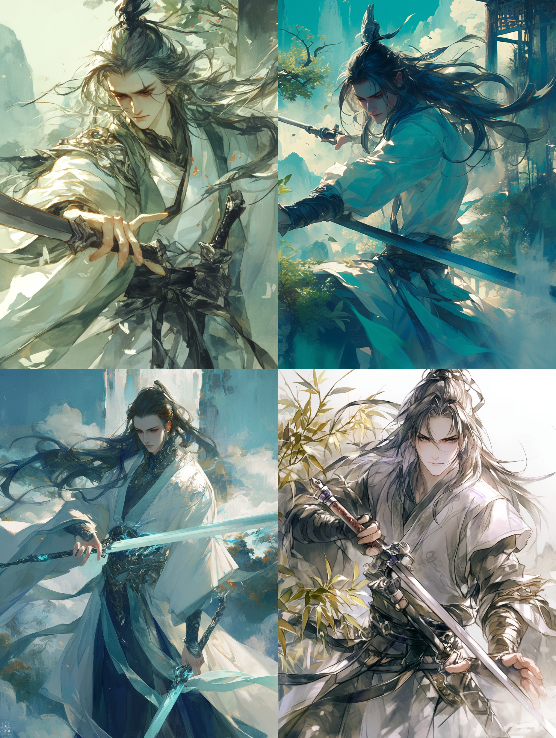 中国风长发帅哥，全身像，黑色眼睛，白色衣服，双手握着剑，周围飞着剑气，头上系着发带，传统服饰，仙气飘飘，君子如玉。远山青翠，云雾缭绕，朦胧效果，暖色调，柔和光线，自然动作，自信微笑，带点水墨风，阳光透过树叶洒下，唤起喜悦与豪情，8k，超高清， 