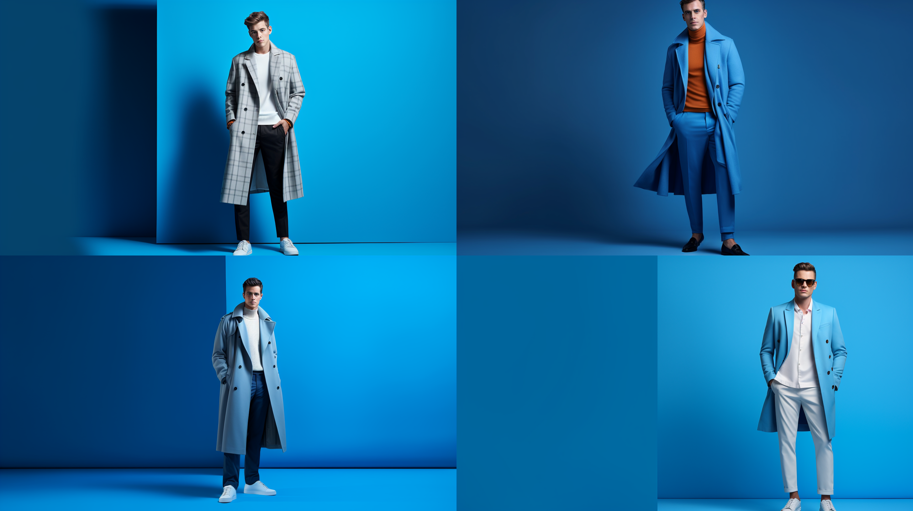 男时尚模特展示服装，简约蓝色背景，全身照，高清晰度，明亮灯光，自信表情，流畅姿势，时尚设计，多彩色调，专业化妆，摄影棚，中焦镜头，优雅风格。 巴宝莉服装风格