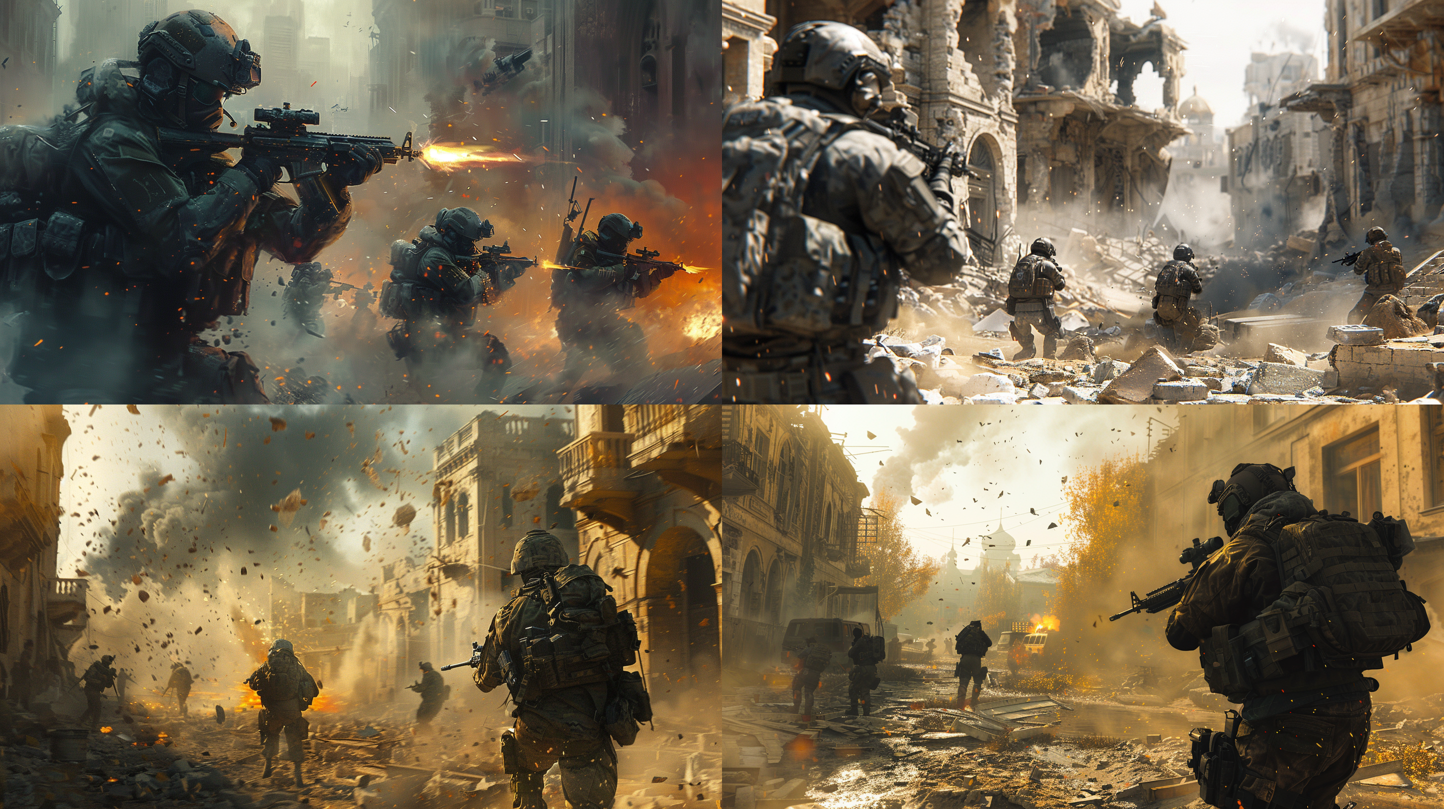 交叉火力，城市废墟中，两队战士交火，烟雾缭绕，破碎的建筑，激烈动作，尖锐光影，冷色调，战斗紧张。