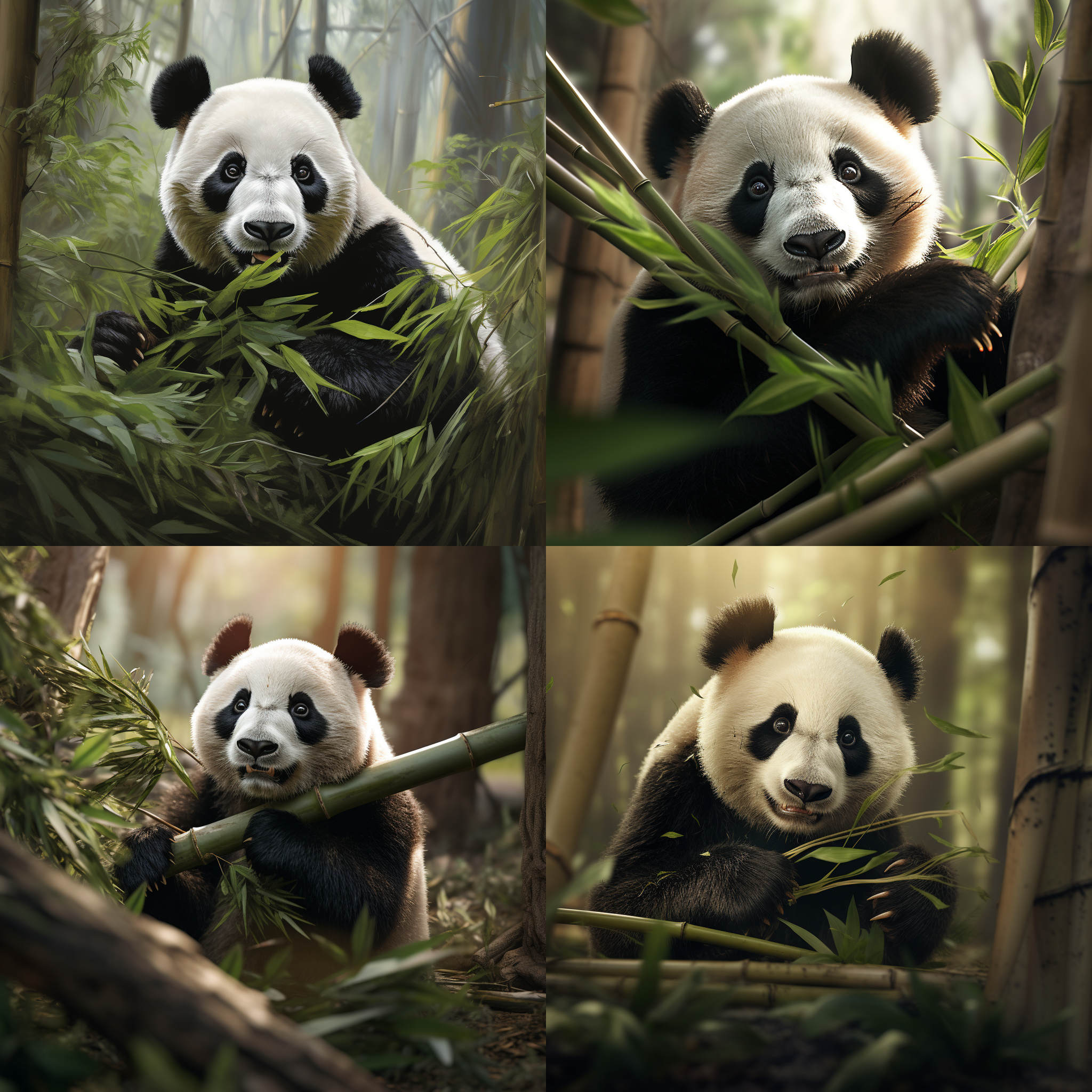 一只熊猫在竹林中，写实风格，拿着竹子，中焦距镜头。