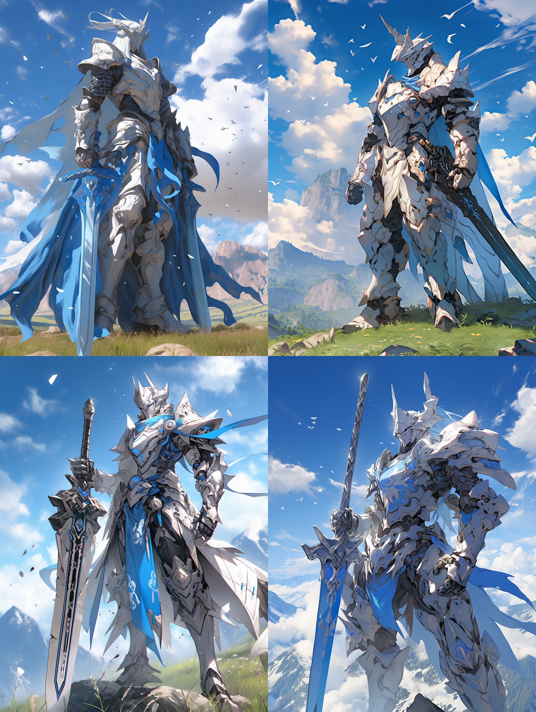 六边形战士，原野，远景山脉，蓝天白云，微风吹拂，衣袂飘飘，战甲，高质量画质，精致细节，未来。 战士屹立，山巅，逆光，高清晰度，动作英勇，战斗姿态，金属质感，蓝白色调，威严，雄壮。