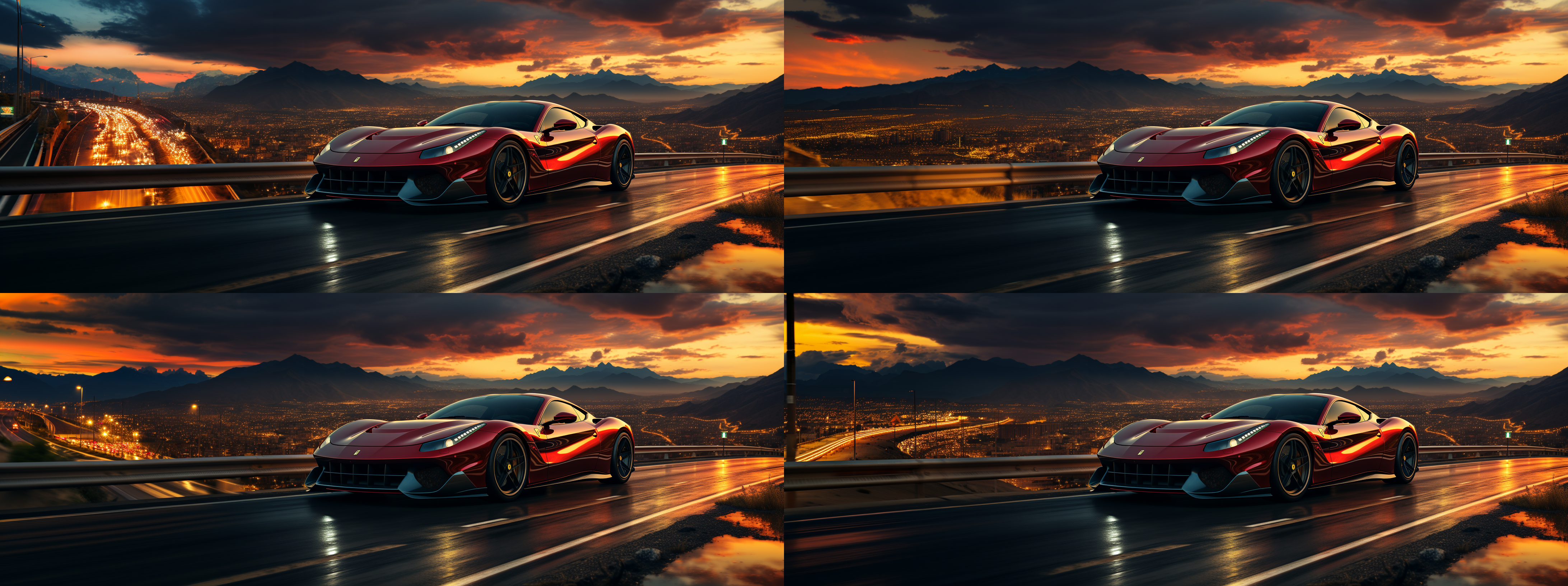 高速公路上，夕阳西下，车流如织，远山若隐若现，一辆红色跑车飞驰而过。动态模糊，长焦镜头，逆光拍摄，快门优先，速度感，霓虹灯光，暖色调，兴奋。