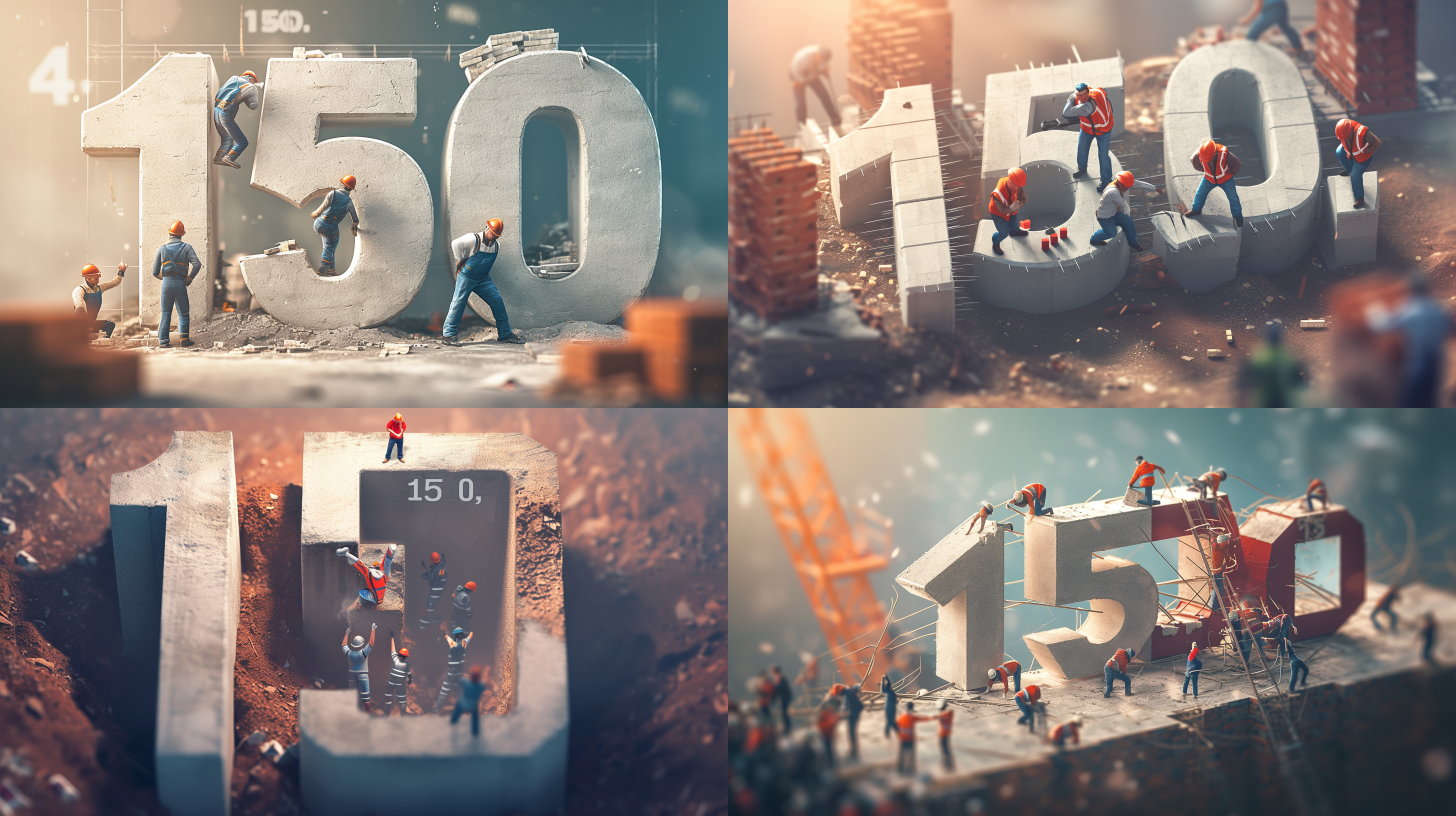 这是一个数字“150”的三维雕塑，工人们在场地的极简风格上使用了简单的线条和形状,工人衣服蓝天色和白色,并在物体周围留下了空白。灯光从工人身后照进来，在他们的脸上形成阴影，形成微型景观，四五个工地工人在巨大的人群面前，周围散落着砖块，以高分辨率的专业图像风格合影