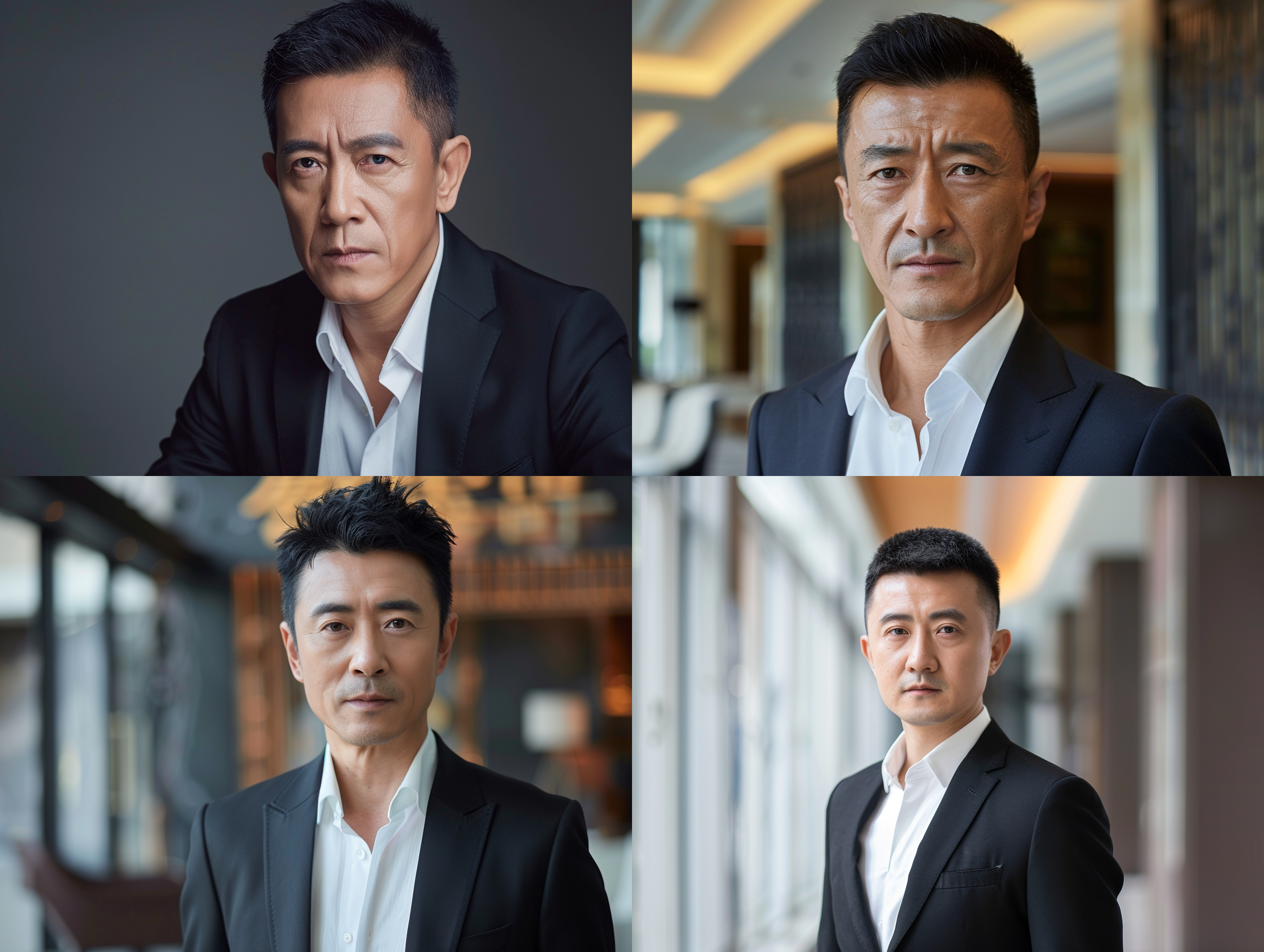 50-year-old chinese man, young and handsome, short black hair, urban elite, delicate face, tall and strong, black suit, white shirt, indoor background, telephoto lens, front face, hd 16k, bright tones, rich details, high contrast, side light, quiet atmosphere, soft light, aristocratic posture, elegant atmosphere, quiet expression, delicate skin texture. aristocratic style