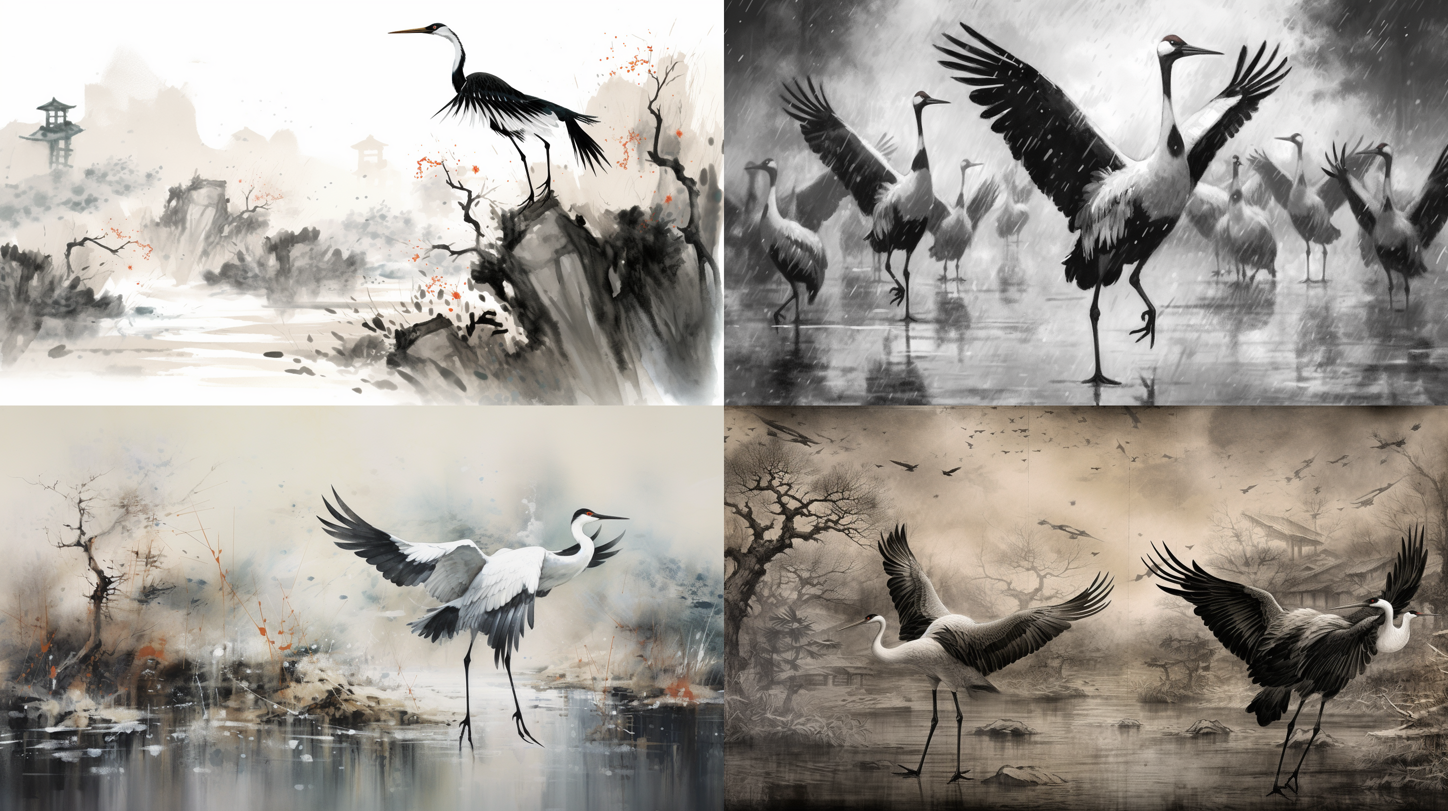 中国画丹顶鹤，多只远近分布，前后层次，静态组合，泼墨写意，笔触奔放大胆，全景构图，多留白，黑白水墨效果，深浅对比，自然环境，静谧，传统与现代结合。