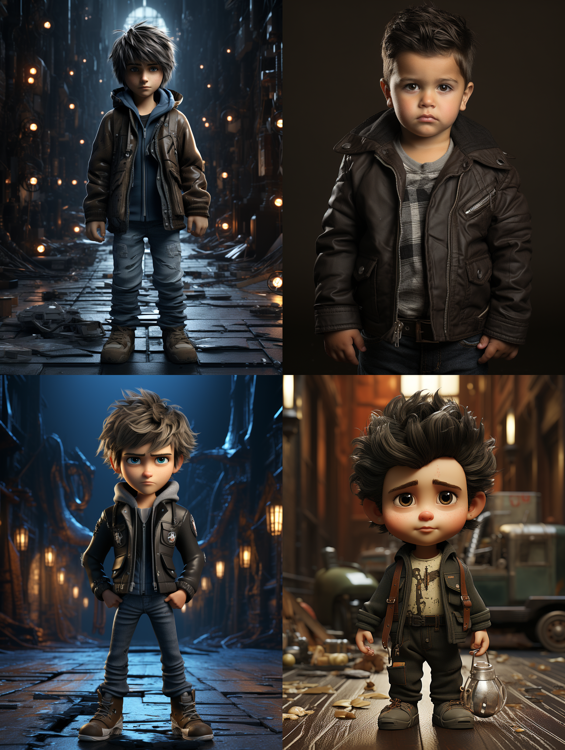 冷酷小男孩，黑色长直发，皮夹克牛仔裤，单手插兜，面无表情，翘二郎腿，直视前方，自然光，全身照，写实3d，明亮光线，复杂背景，高品质细节，8k，oc渲染。