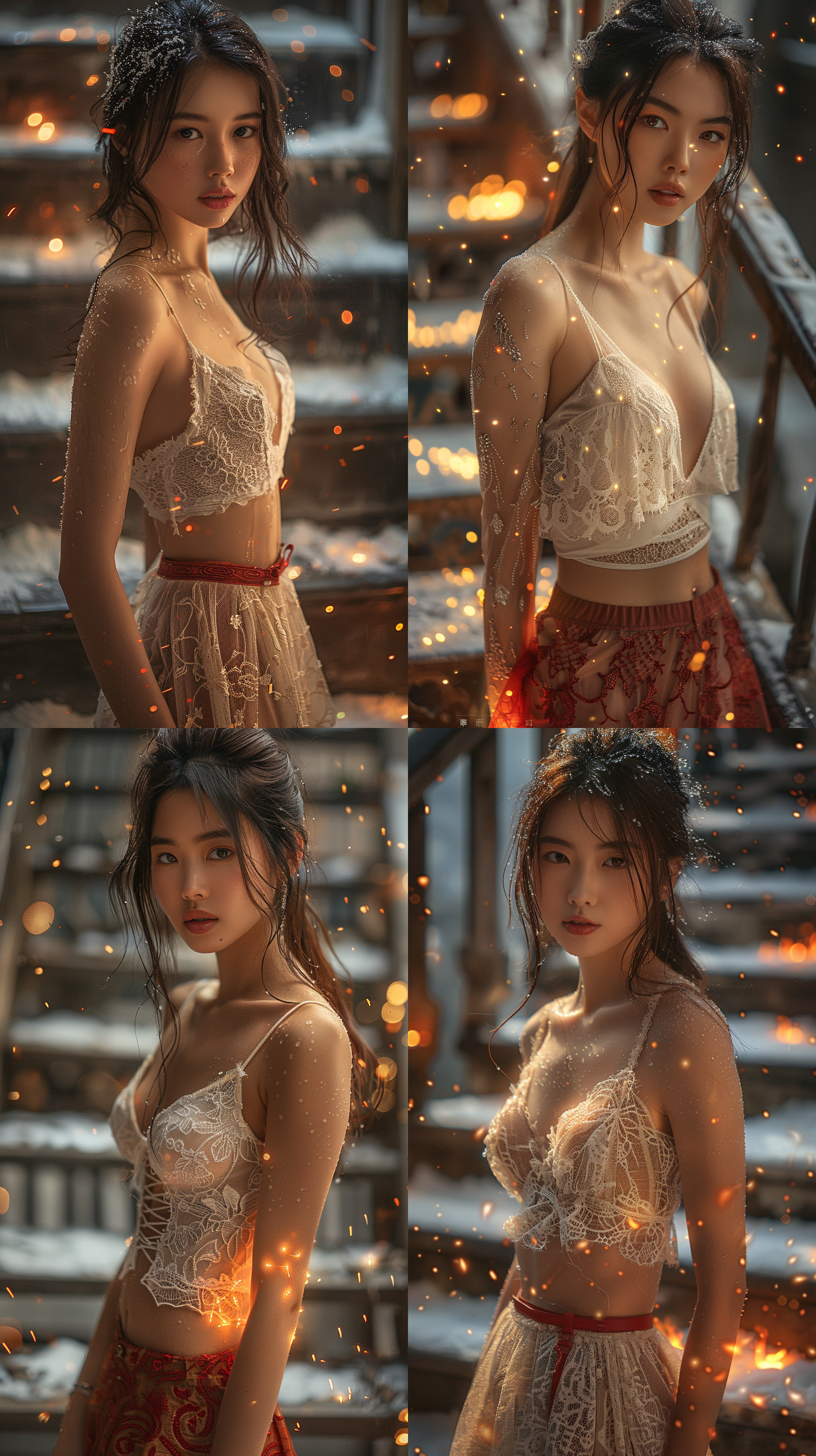 庙宇楼梯，火焰，雪地，强烈对比，中国女孩，浅色无袖蕾丝上衣，紅色蕾絲短散裙，梨形身材，紅色高跟鞋，手上火焰，汗水滴效果，微风，正面全身照，自然光，柔和阴影，中焦镜头，冷暖色调，轻松氛围，优雅。