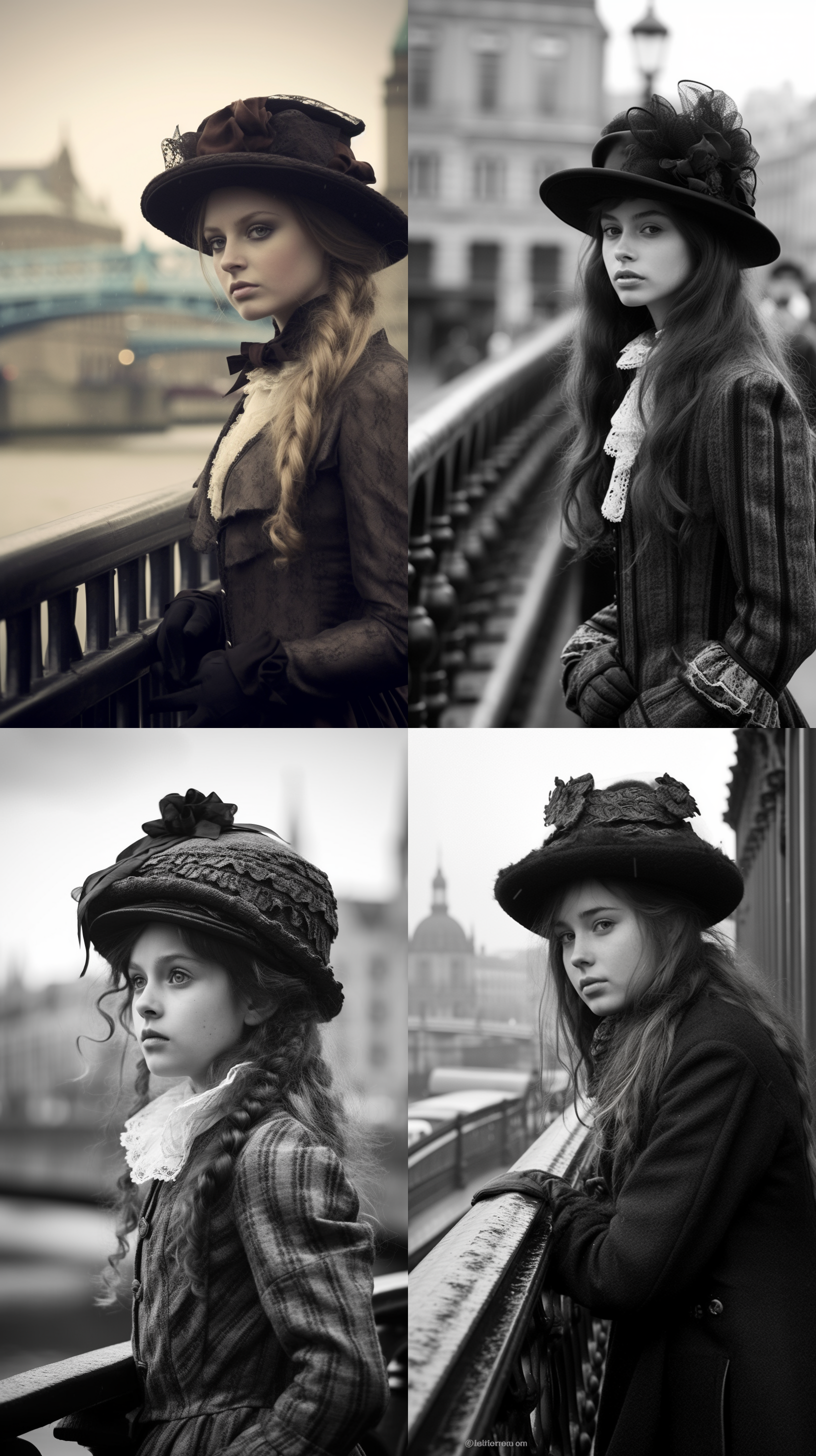 姑娘穿越到英国维多利亚时代，站在雾气笼罩的伦敦大桥上。她身穿华丽的维多利亚时代服装，戴着宽边帽和蓬松发髻。她神情深思，目光远方，仿佛在寻找着什么。整个画面以灰暗的色调为主，突出了时代的庄严和神秘感。雾气弥漫的桥梁和后方的伦敦市区构成了背景，给人一种古老而浪漫的氛围。 维多利亚时代，雾气，伦敦大桥，华丽服装，宽边帽，蓬松发髻，深思，灰暗色调，庄严，神秘感，雾气弥漫，古老，浪漫。