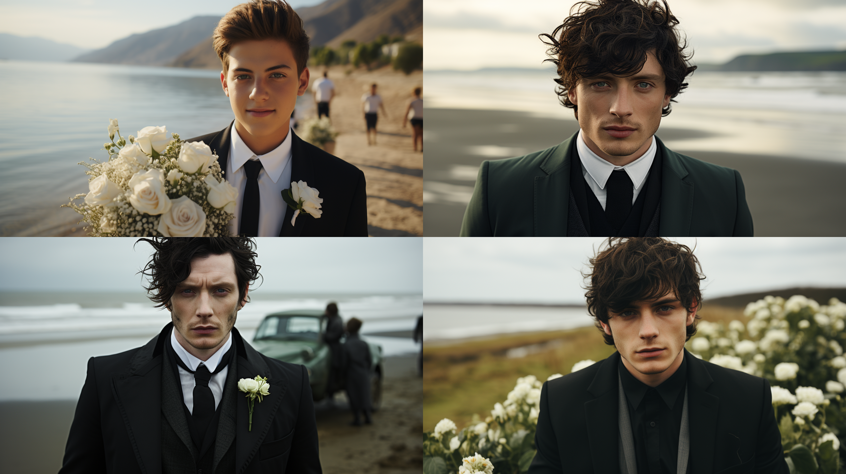 一位欧美25岁男人，穿着礼服，黑发，手拿鲜花，看着镜头，背景有大海