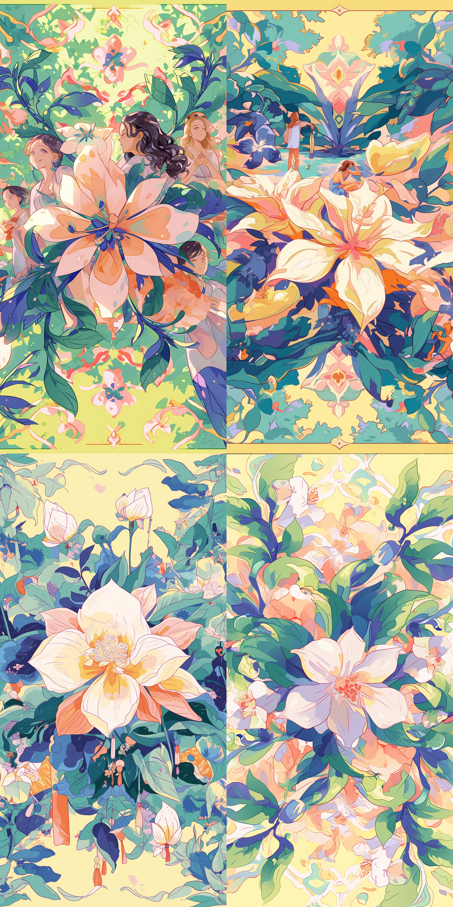 茉莉花、栀子花和睡莲在白色的背景下，插画展示了一个生机勃勃的护肤品场景。画面中有树木作为背景，绿色主色调突出自然的感觉。使用宽镜头拍摄，光线柔和，突出细节。人物穿着轻薄的夏季服装，面部表情轻松愉悦。