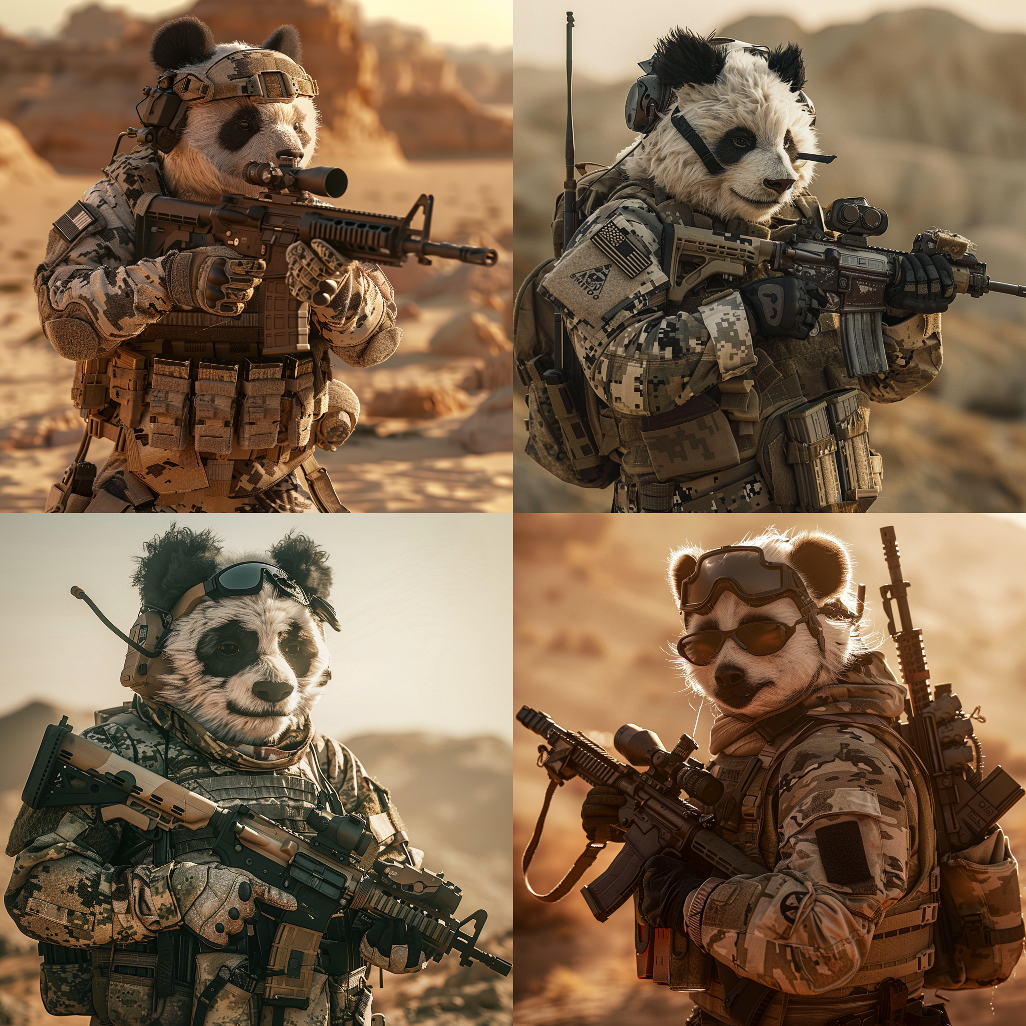 熊猫特种作战服，持冲锋枪，荒漠背景，紧张气氛，迷彩服装，侧光，高饱和度，长焦镜头，动作准备，军事风格，沙漠色调。