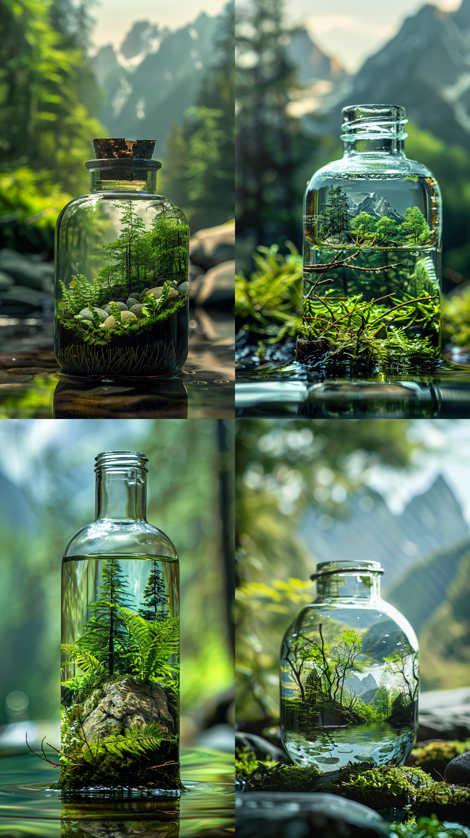 微缩山水景观，绿植倒影，细腻细节，清澈水面，静谧和谐，微距镜头，自然光，微缩摄影，细节丰富，瓶中世界，瓶子口不要盖子。