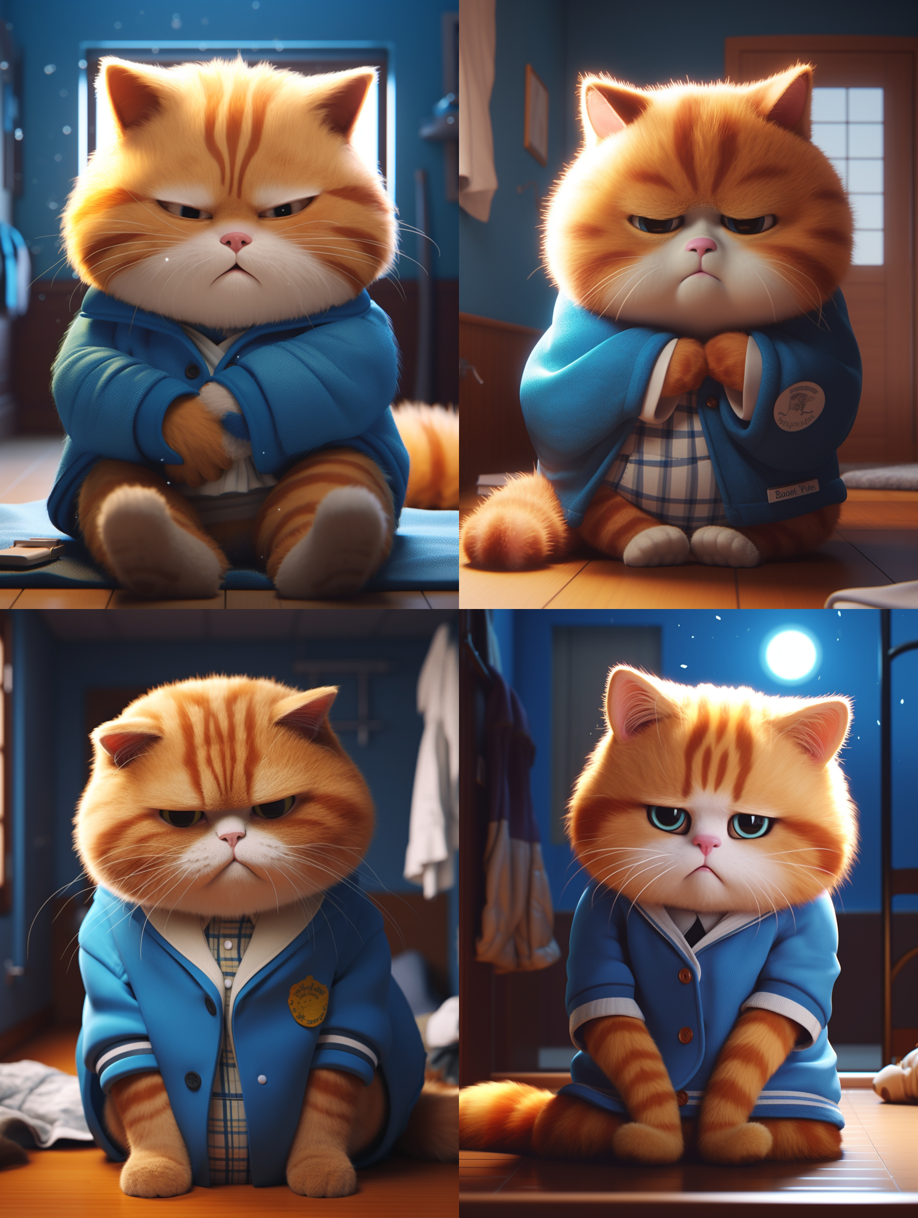 胖乎乎橘猫，病床旁，8k，眼泪，悲伤，蓝色衣服，母子，情感，低角度，暖色调，宽幅画面，近景。