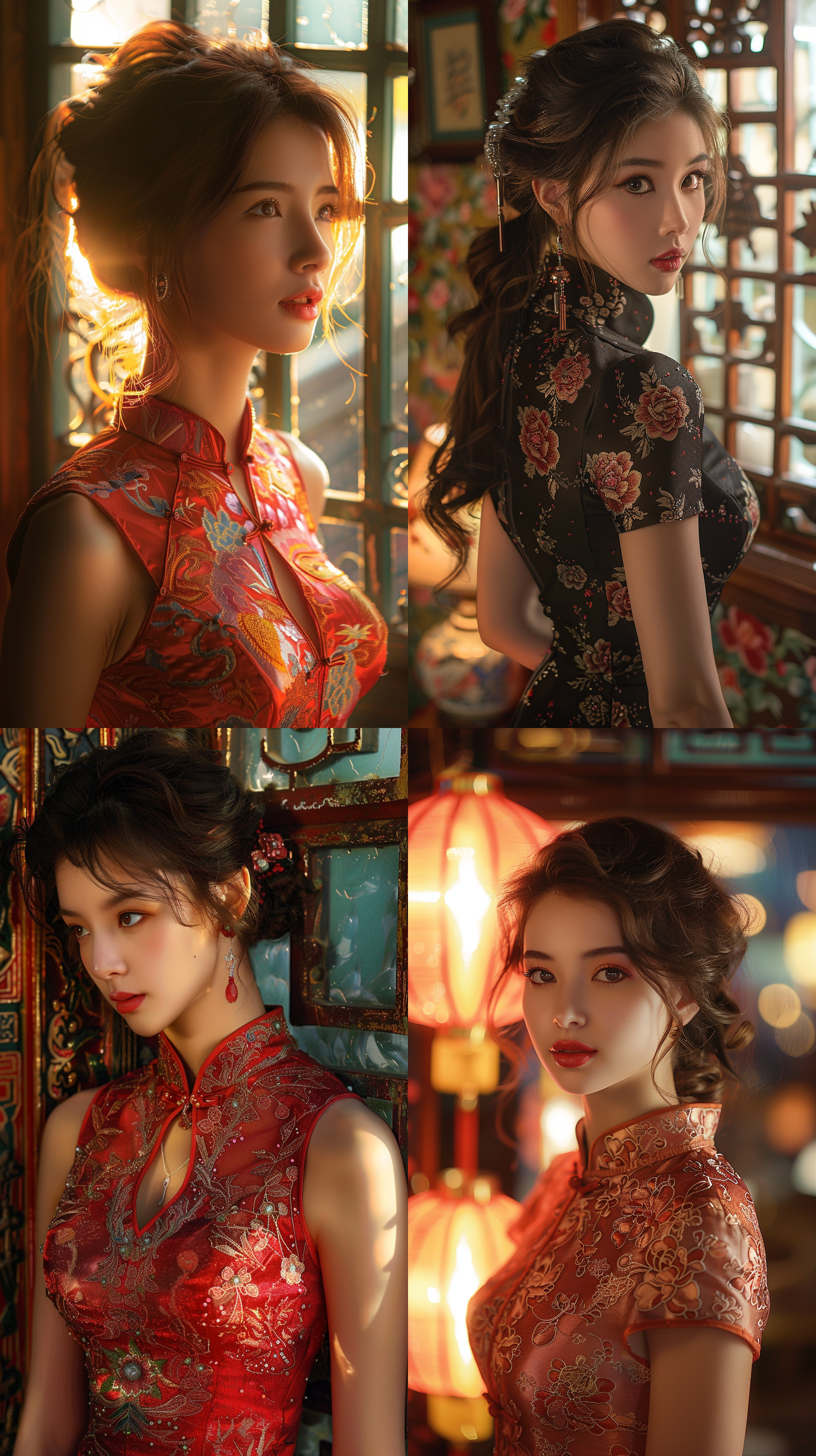亚洲美女，曲线优美，身材火辣，旗袍，诱惑，神秘，女性魅力，暖色调，色彩艳丽，侧光，超现实主义。