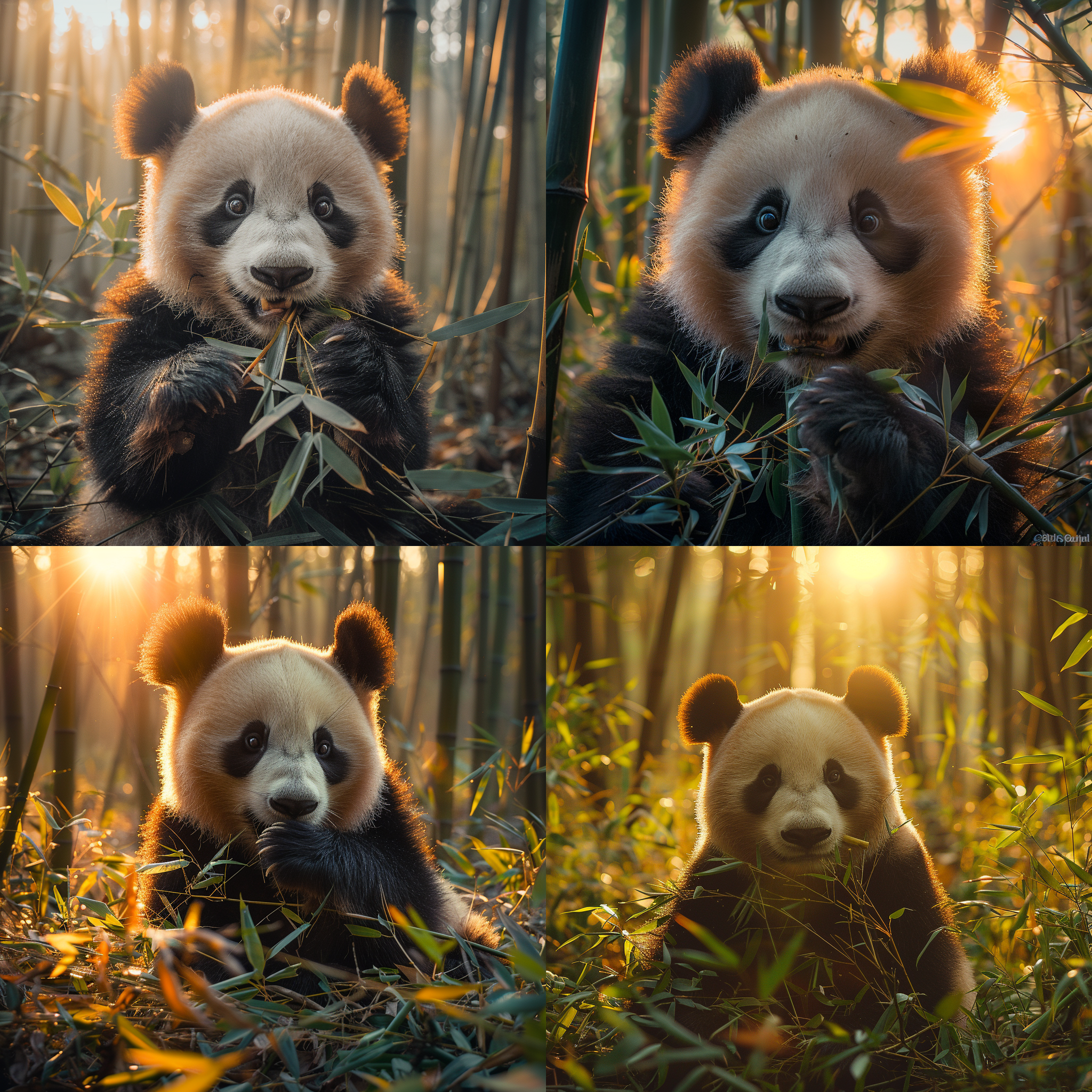 大熊猫吃竹子，竹林阳光明媚，茂盛生机，广角镜头，低色温，焦段50，电影质感，高精度，清晰透彻，自然色彩，和谐平衡，安详祥和。