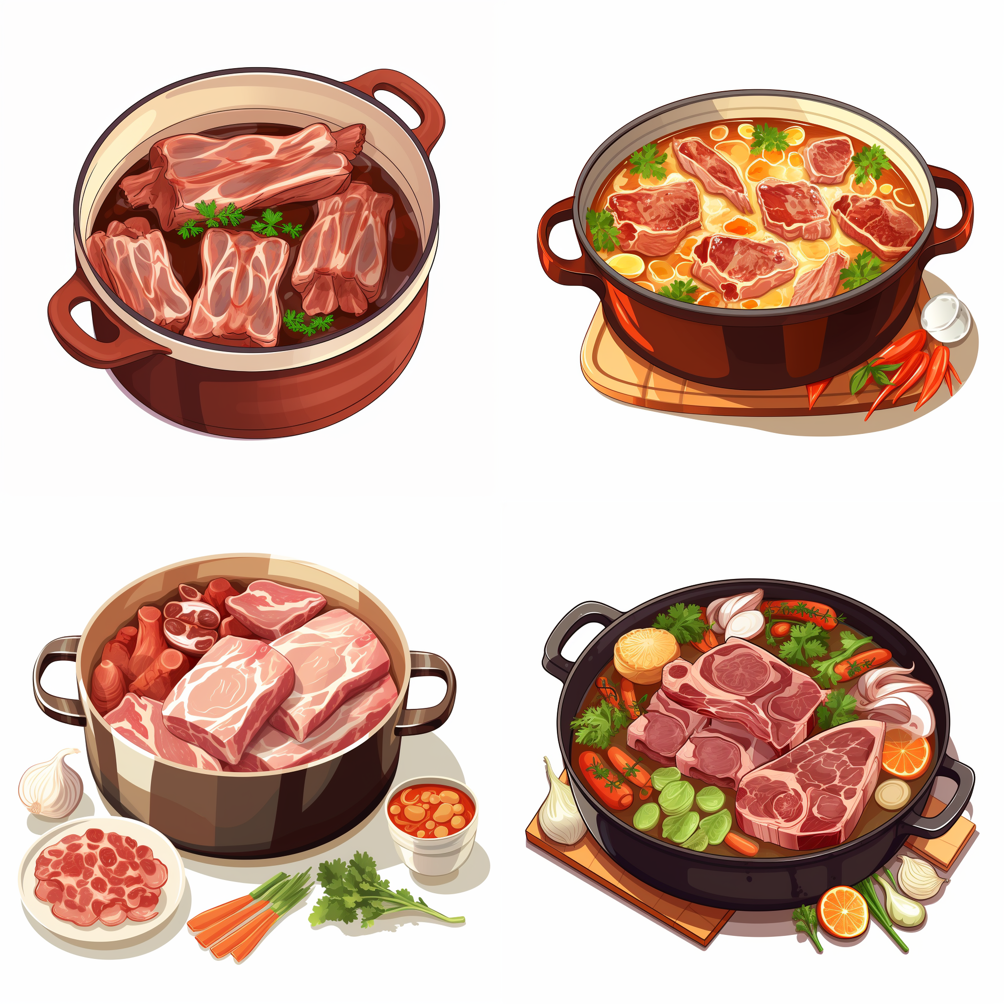 一锅排骨汤，一锅骨头汤，矢量元素，卡通元素，简单配色，白色背景，等距。