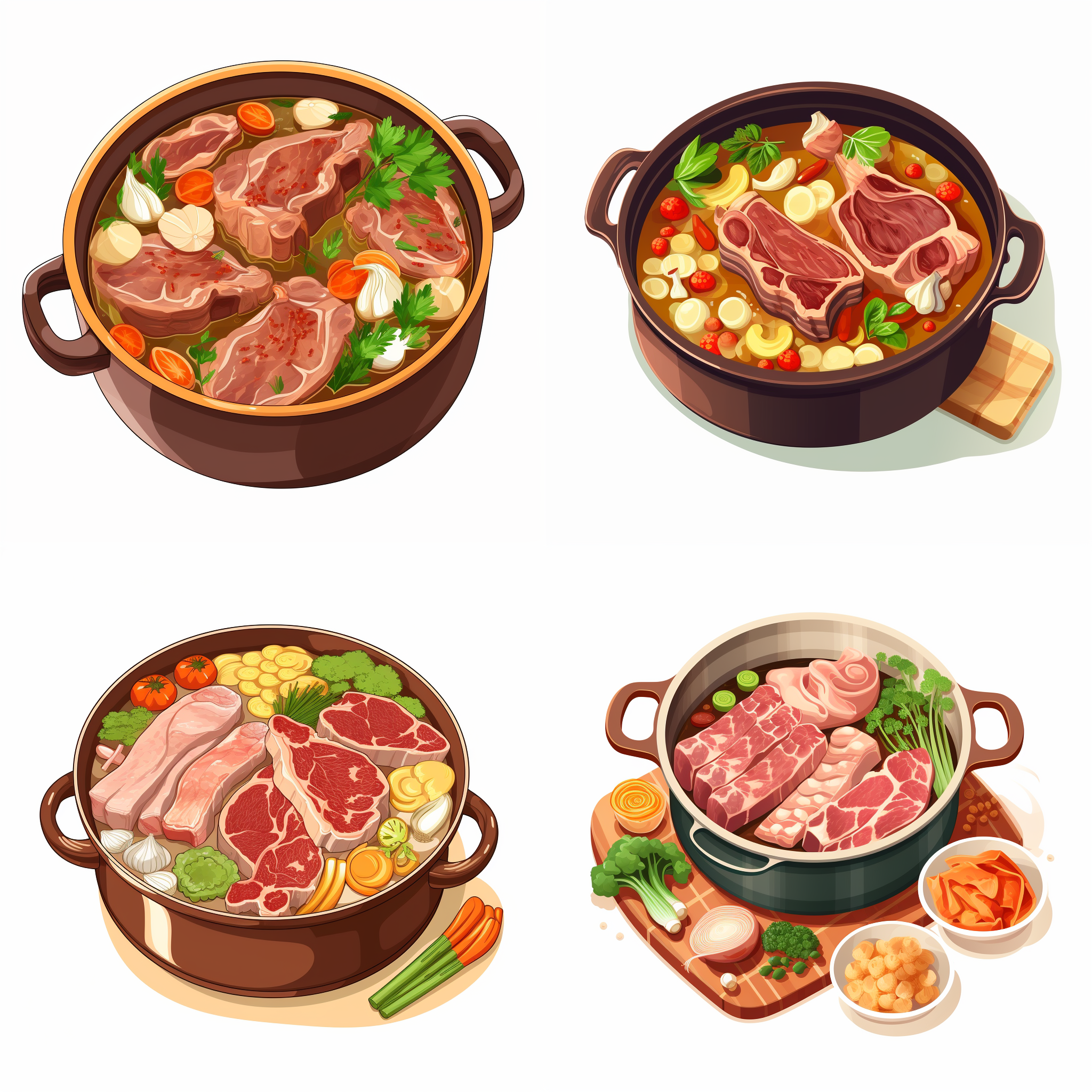 一锅骨头汤，一锅排骨汤，矢量元素，卡通元素，简单配色，白色背景，等距。