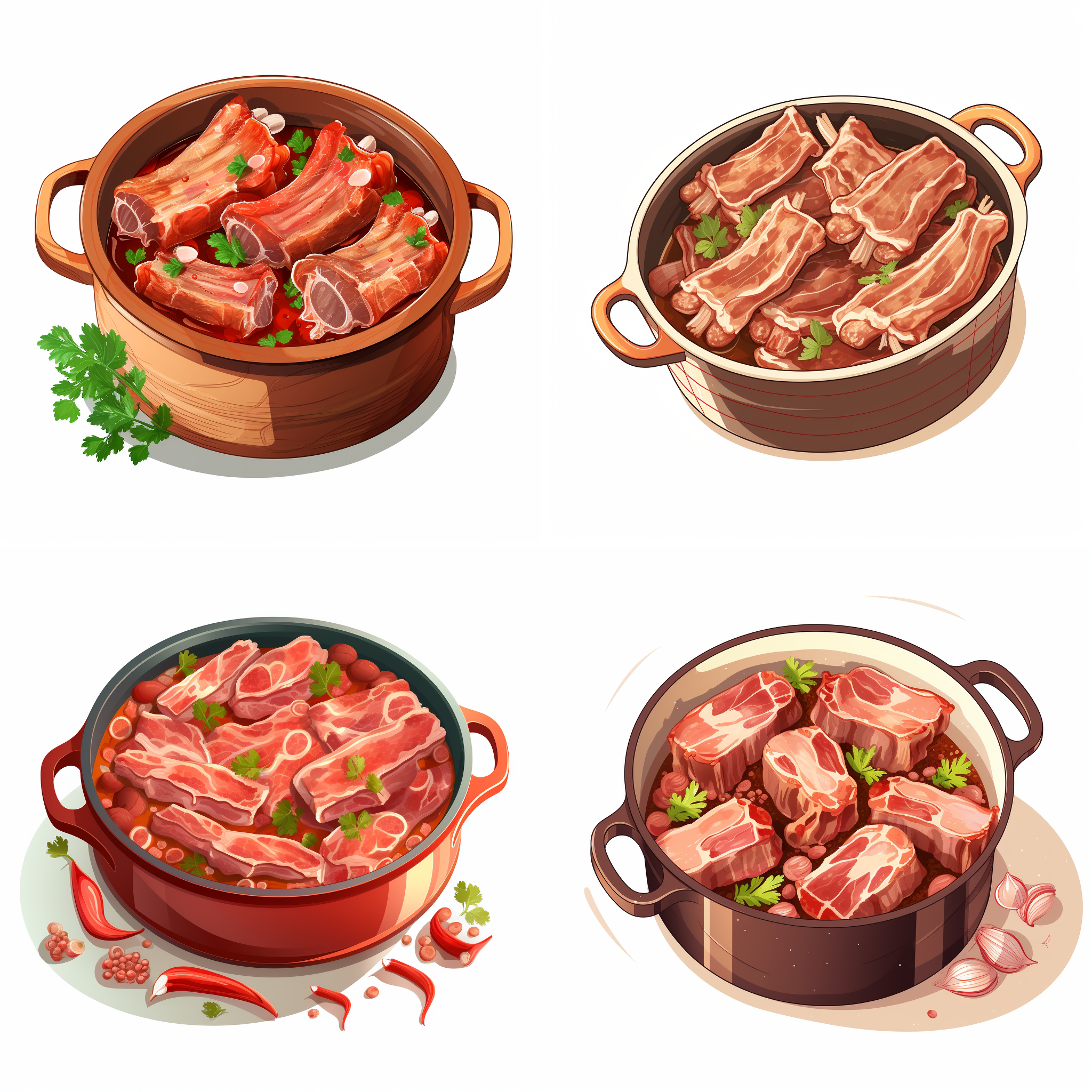 小块的排骨放在锅里，锅里有汤，矢量元素，卡通元素，简单配色，白色背景，等距，大师作品，8k画质。