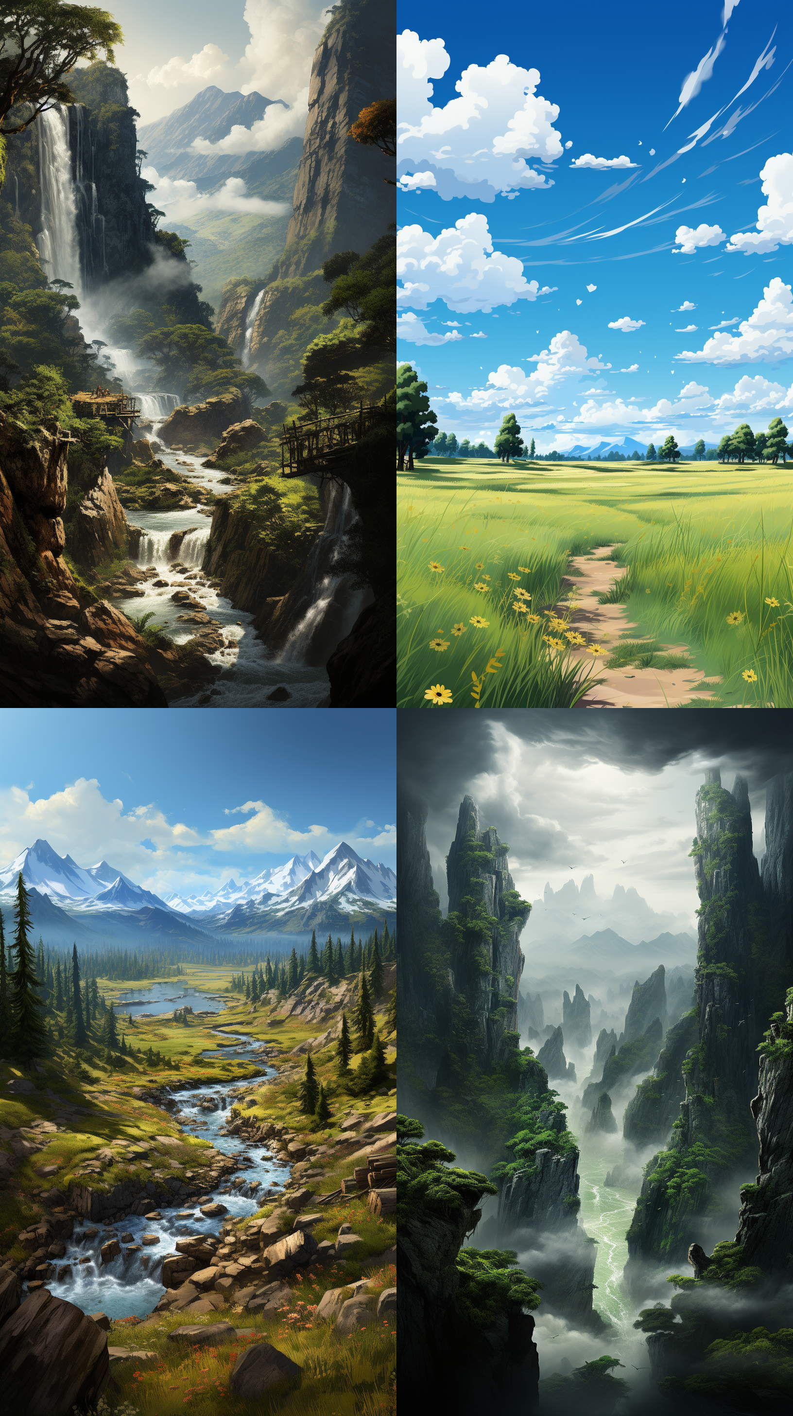 户外，树林，草地是平的，山，多云，