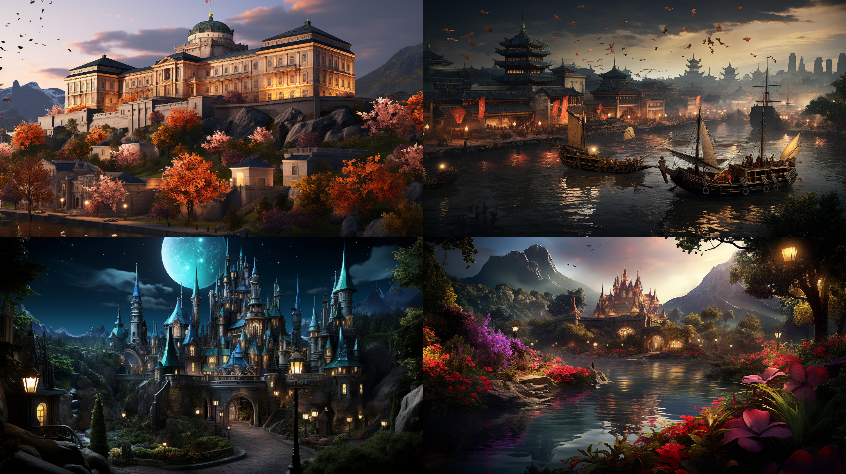 an ancient chinese palace situated in the celestial heavens filled with opulence and grandeur. as night falls, the stars twinkle brightly around it. the uncertainty of the era is depicted in the question, 'what era is it tonight?'