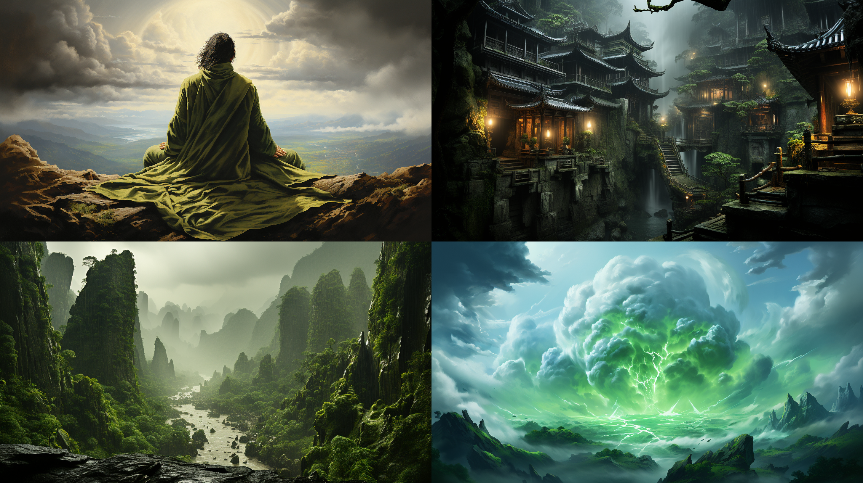 想象一个人在微风中翱翔，渴望回到天空。然而，他害怕如此高处的寒冷，尤其是在那些用美丽的玉石建造的宏伟建筑内。他在对空灵的渴望和对高处恶劣条件的担忧之间左右为难。场景设定在古代亚洲时代，带有一丝神话和奇幻色彩。