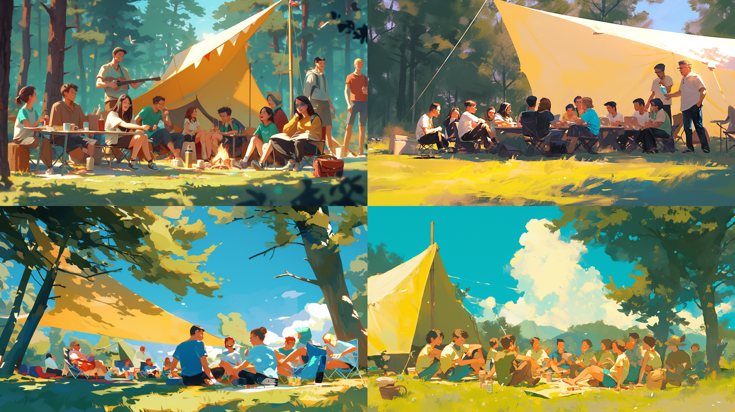 青年聚会，项目汇报，互相讨论，休闲娱乐，大自然露营，欢声笑语，画面留白，简洁插画风格，清新色调，自然光，广角镜头，动态捕捉，轻松氛围。