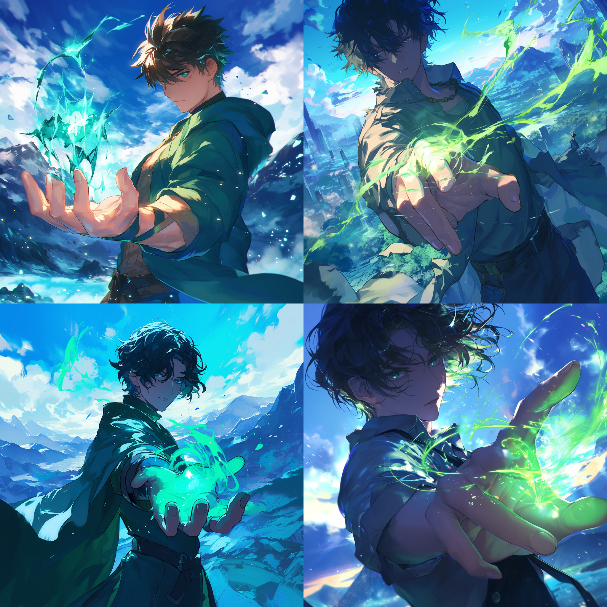 手部特显，帅哥，短发，手上有绿色治疗术，背景有山，日本动漫风格，完美的细节，蓝光画质，32k，面对镜头，特显视角