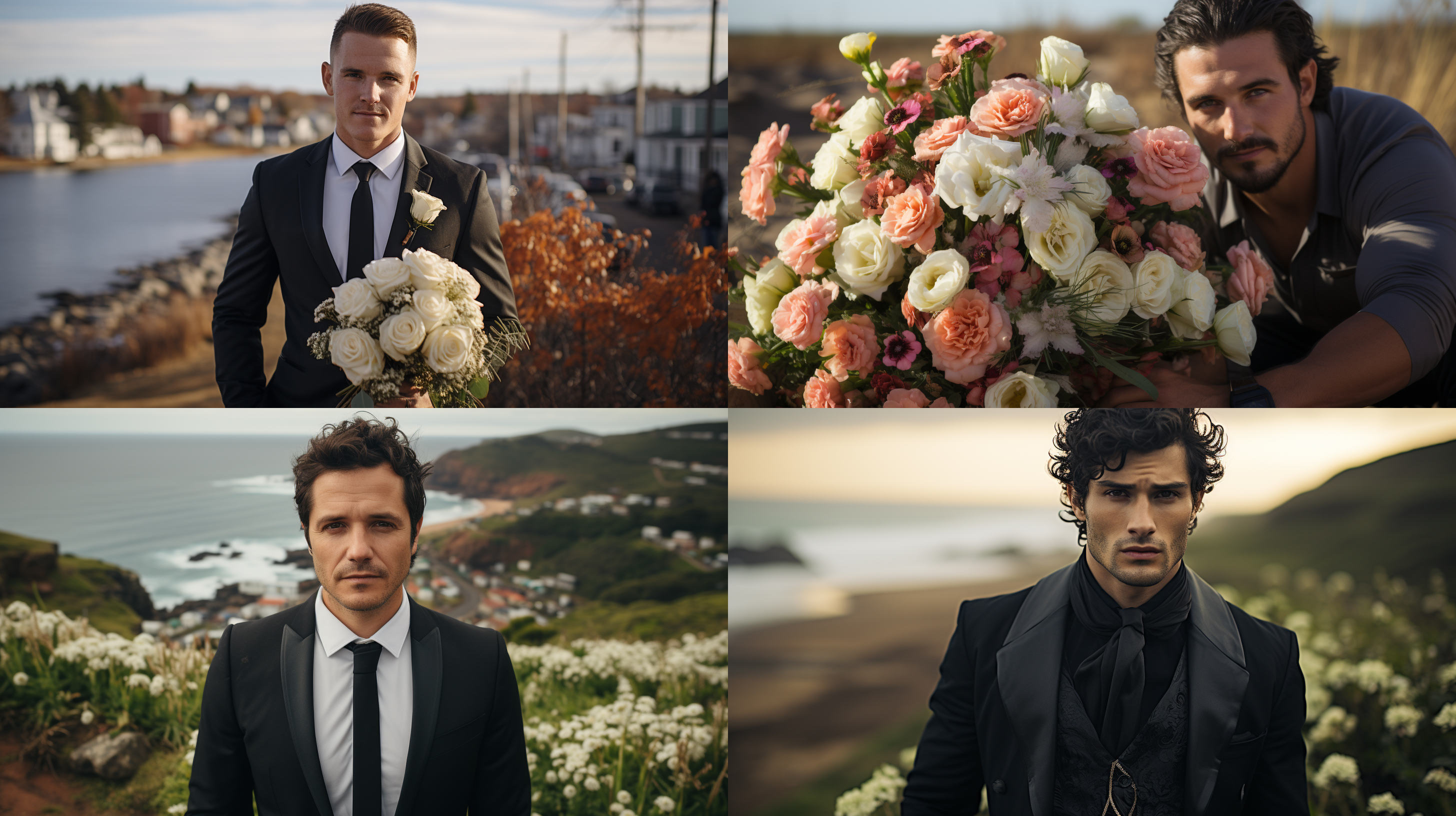 一位加拿大人成熟帅哥，穿着礼服，黑发，手拿鲜花，单膝下跪的，看着镜头，背景有大海