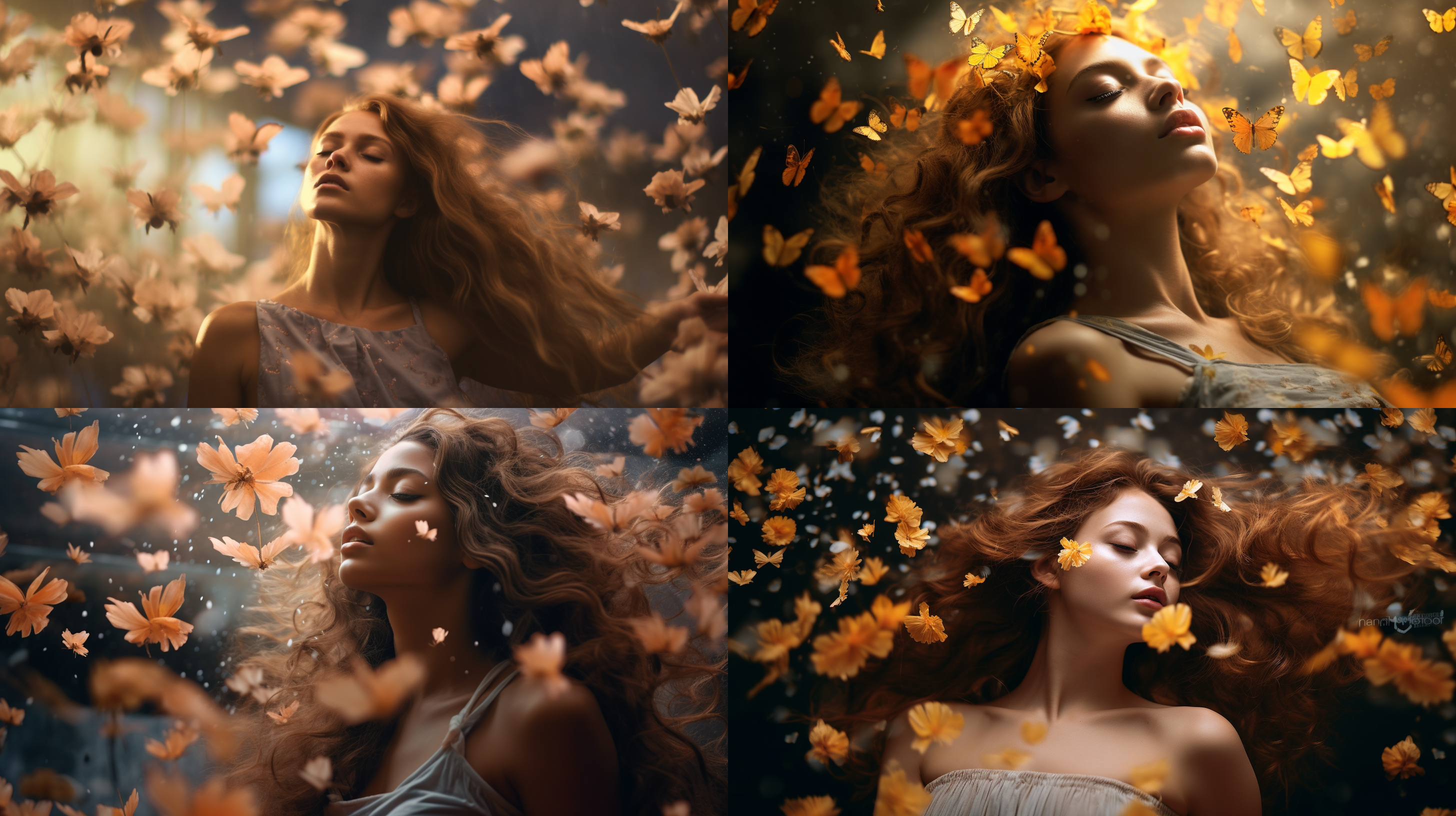 thegirl,amidstabedofflowers,holdsfreshblossoms.theflowersclusteraroundher,ariotofcolors.butterfliesdanceintheair,capturedinclose-up.herdelicatefeaturesandlongwavyhairadornedwithabow,complementhersmoothskin.thescene,reminiscentoffilmgrain,issetagainstahazybackgroundwithwispsofsmoke.cinematiclightingaccentuatestherealismandintricatedetails,evokingasenseofauthenticity.