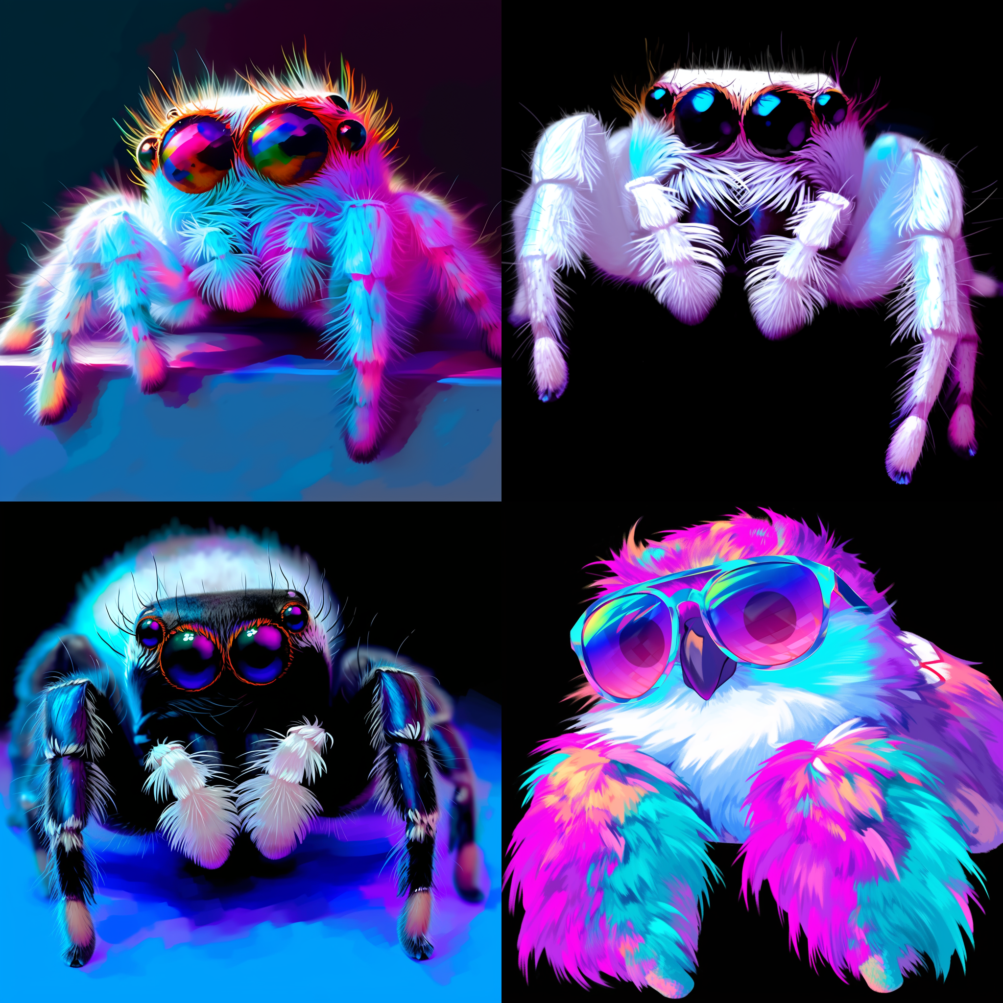 可爱跳蛛，灰色身体，大眼睛,特写眼睛，q版设计，纯色背景，正视图，最高质量，毛发纹理，霓虹光效